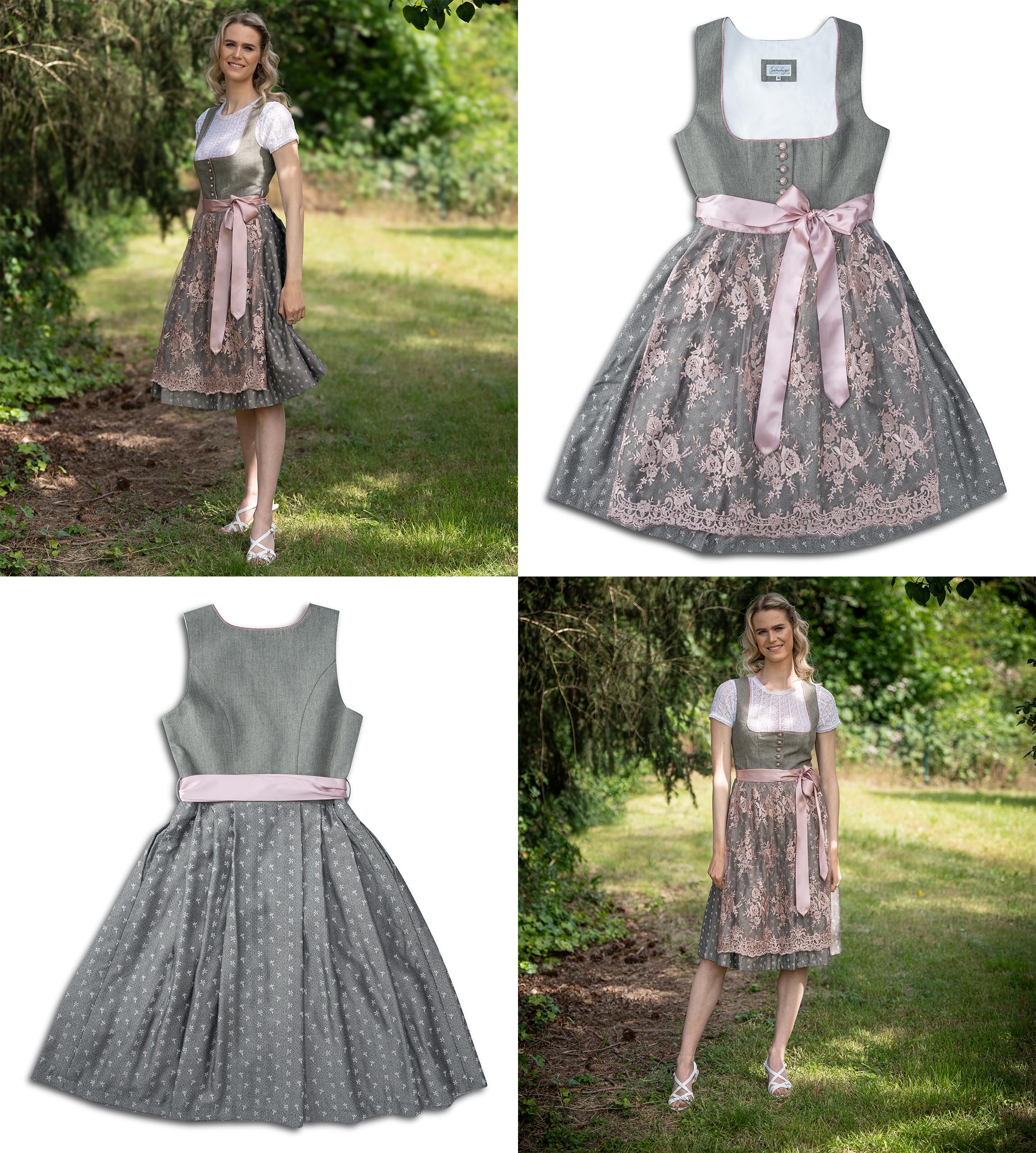 Schöneberger Dirndl Dirndl z zapięciem na guziki i koronkowym fartuchem – elegancki żakardowy Dirndl w kolorze różowym/szarym – Midi Isabella