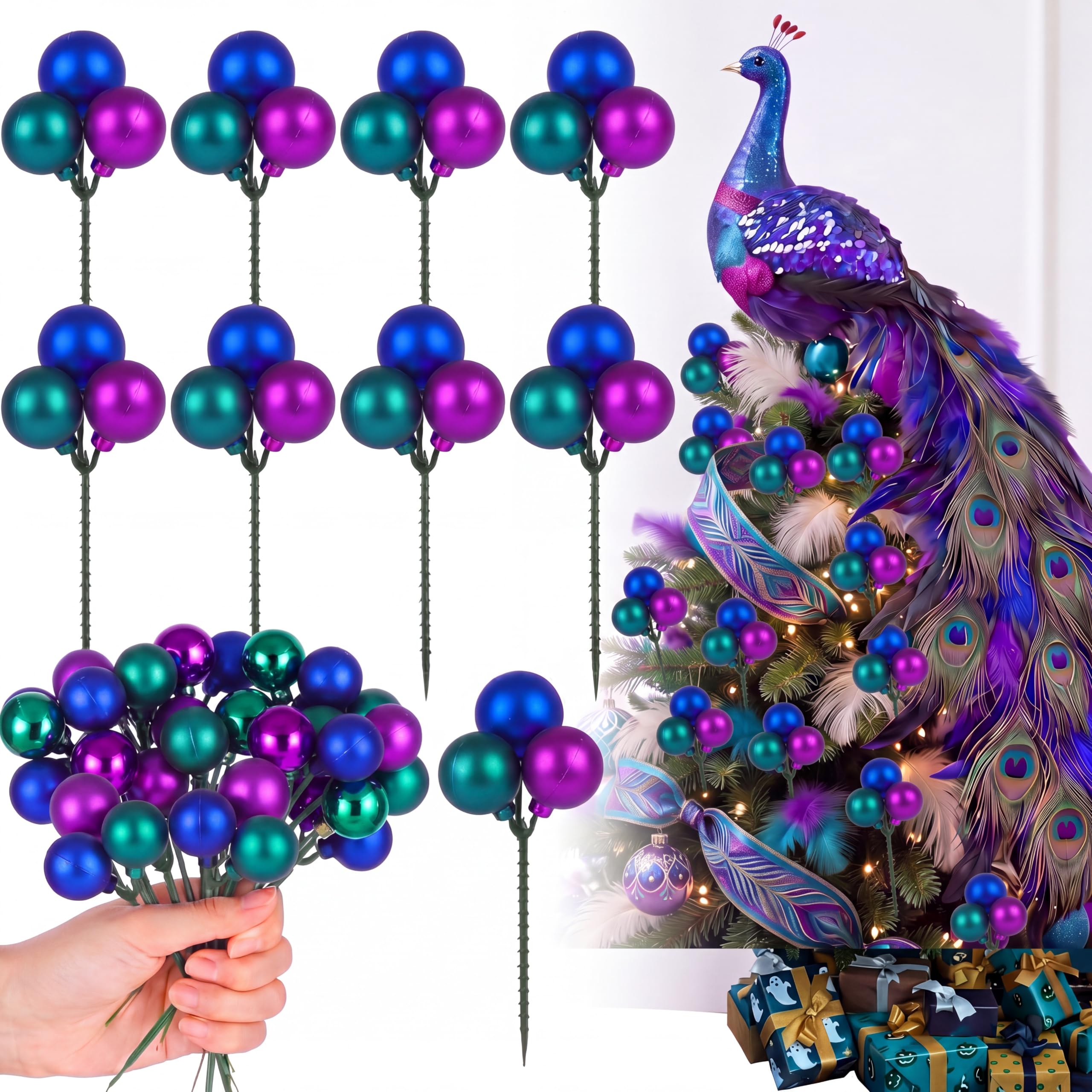 Syhood 12 Sets 7.9 Inch Christmas Peacock Ball Picks, Purple Blue Teal