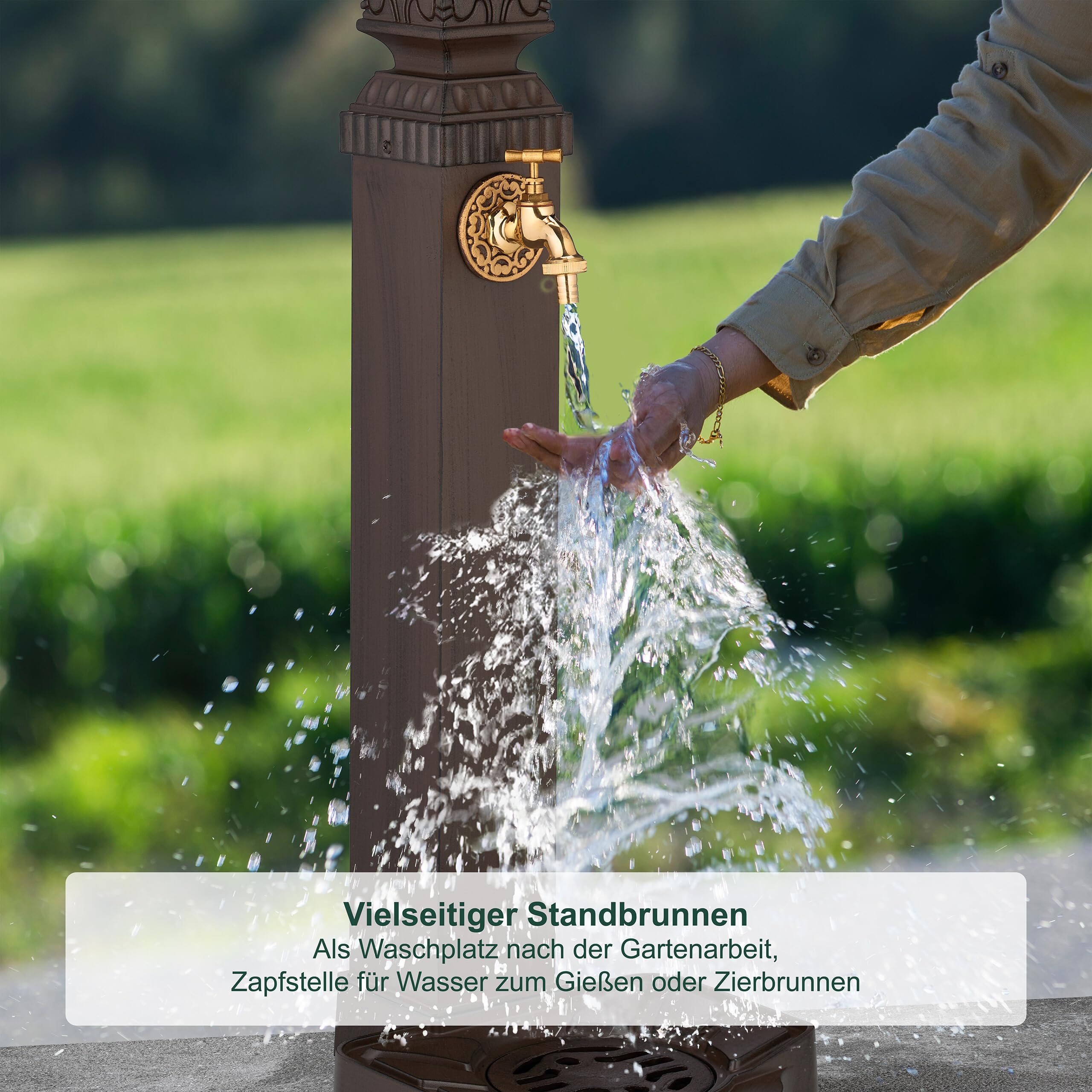 Relaxdays Standbrunnen antik, mit Wasserhahn & Becken, HxBxT: 77x29x33,5 cm, Wasserzapfsäule Garten, Terrasse, braun