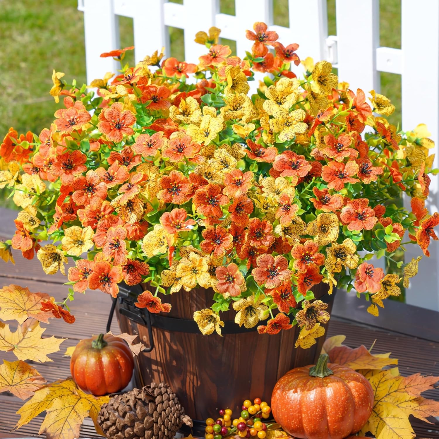 Artificial Fake Fall Autumn Mums Plants Flowers for Outdoor Outside, 12 Bundles Faux Silk Orange Yellow Daisy Realistic UV Resistant for Home Planter Front Door Porch Patio Yard Decor Orangeyellow