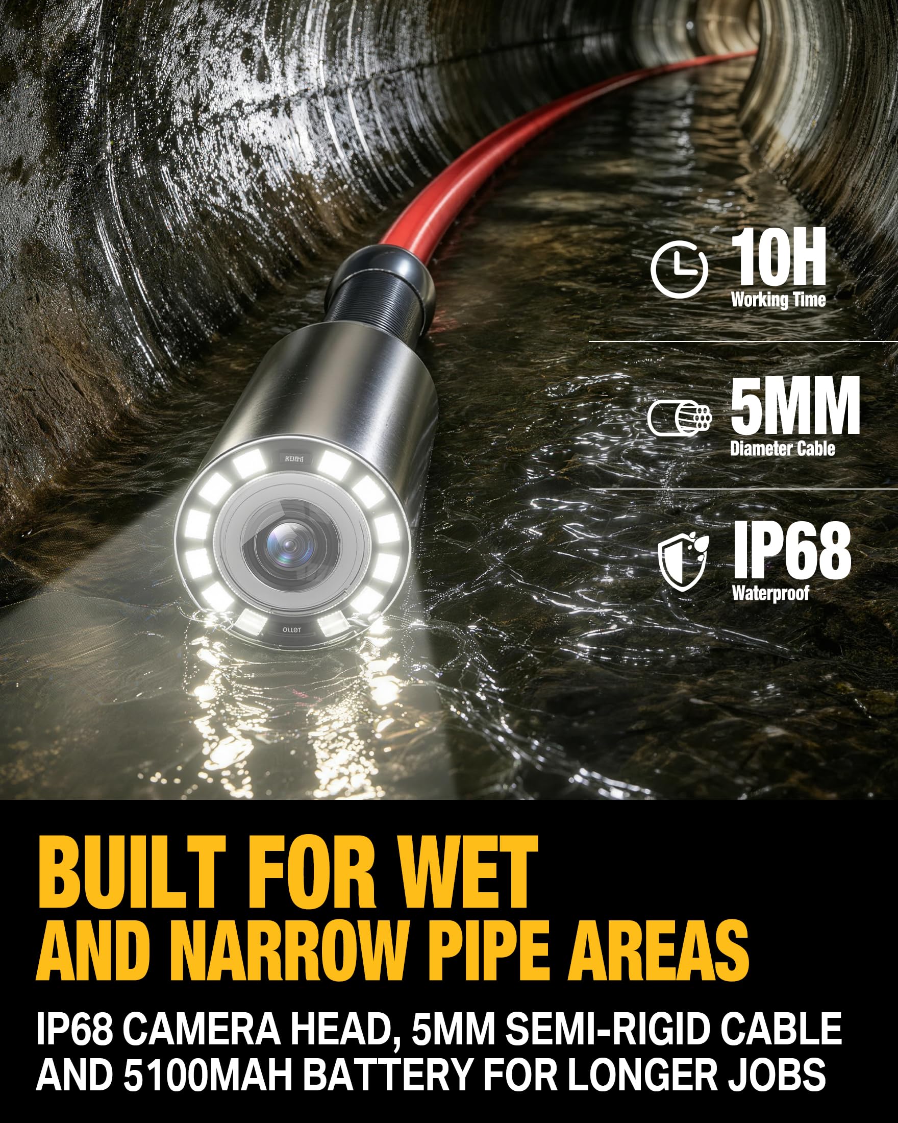 Anysun Caméra Inspection Canalisation Autonivelante avec Sonde 512Hz, Compteur Métrique, Endoscope Industriel Plomberie 1080P, Écran IPS 9", DVR, 23mm Caméra IP68 Étanche pour Détection Fuite Bouchon