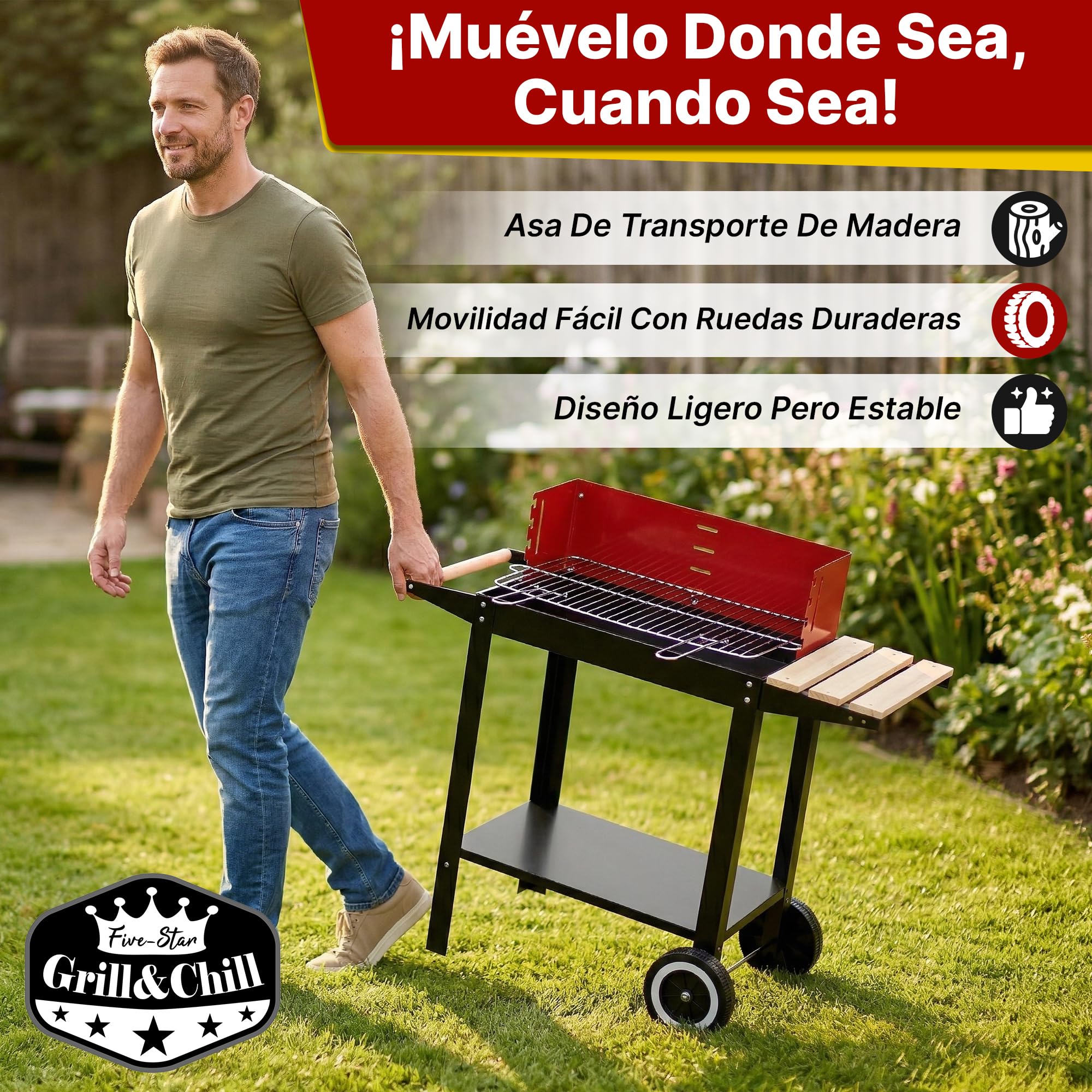 Five-Star Grill&Chill Barbacoa Carbon con Ruedas - para Jardín Exterior BBQ con Soportes Facil Movimiento, Estantes de Madera Plegable para Almacenar Comidas, parrilla cromada 50 × 26,5 cm, GC0010