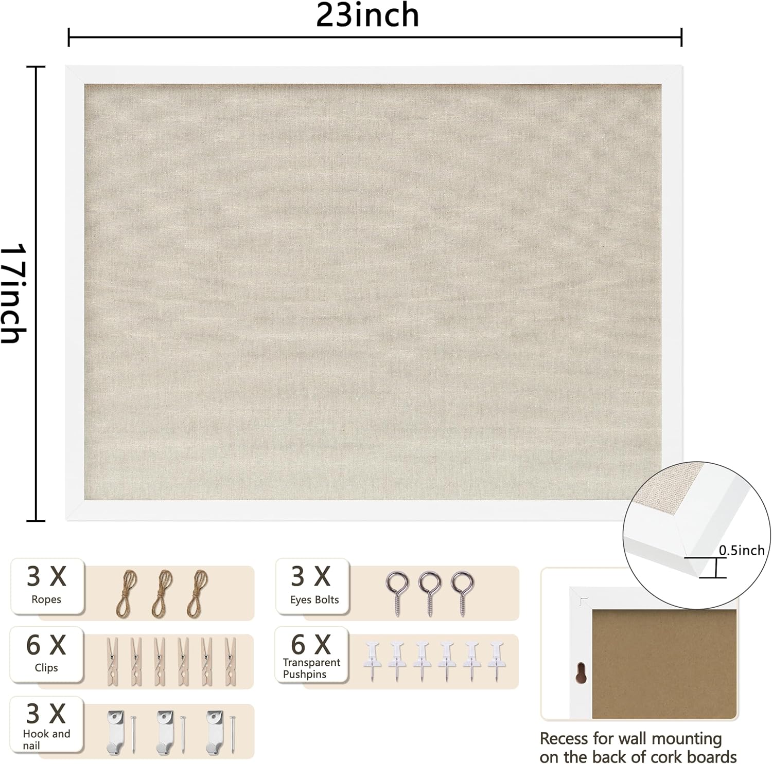 Cork Board with Linen White,Bulletin Board 23"x17" Hanging Corkboards for Office Home School Message Board or Vision Board Decoration. White 23" x 17"
