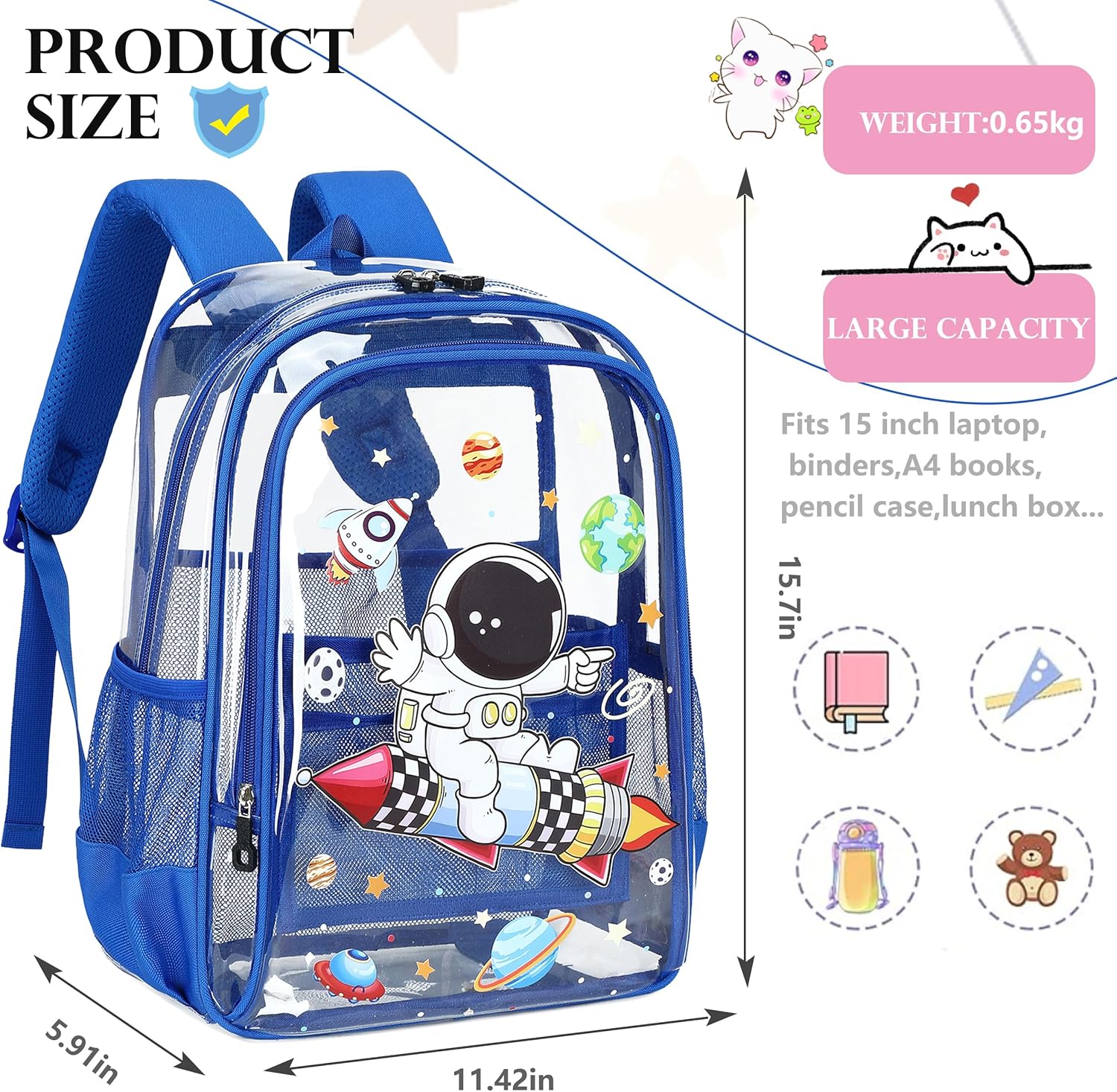 AO ALI VICTORY Clear Backpack for School,PVC Transparent Kids Bookbag for Girls Boys Cute Toddler Back Pack Kindergarten Elementary Schoolbag Stadium Approved See Through Backpacks,Blue Astronaut - Image 5