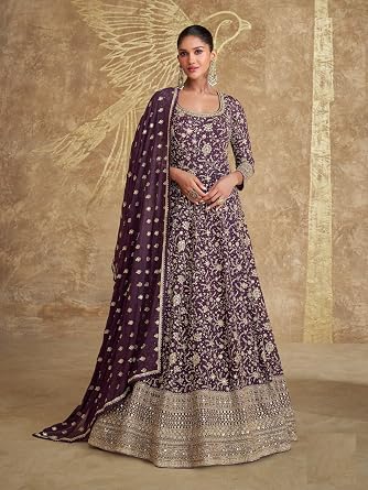 New Indian Pakistani women's traditional full length heavy embroidered ethnic Anarkali suit with dupatta