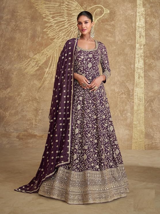 New Indian Pakistani women's traditional full length heavy embroidered ethnic Anarkali suit with dupatta