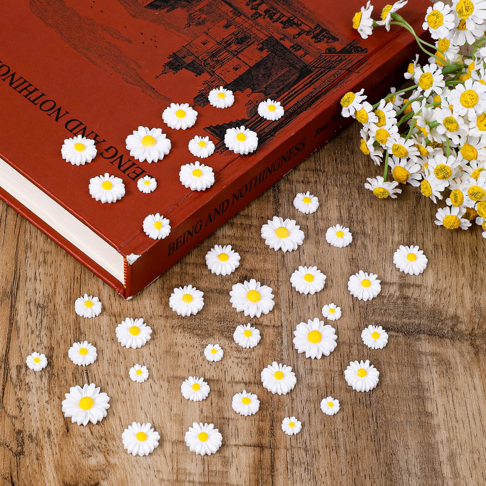 60 Mini Decorazioni A Forma Di Margherita In Resina Bianca E Gialla - Assortite In 4 Dimensioni (9-22 Mm) Per Fai Da Te, Torte, Scrapbooking, Festa - 4