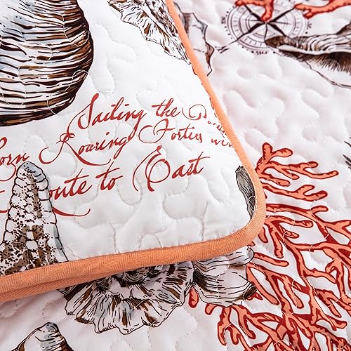 Miniatura 6 de Djoymock Juego de edredones costeros tamaño Queen, juego de edredón de 3 piezas de color rojo coral y conchas costeras, colcha reversible ligera (90