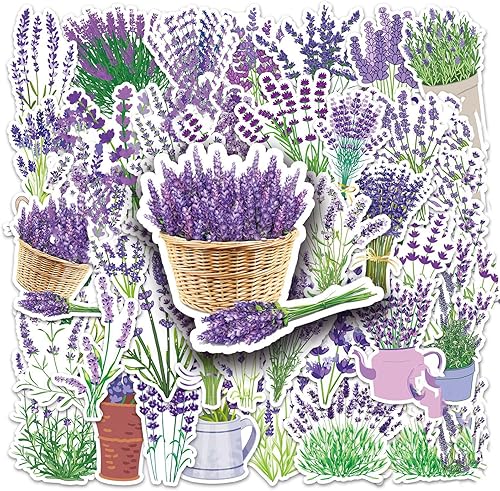 Calcomanías de lavanda, 50 unidades, impermeables, lindas flores, calcomanías para botella de agua, laptop, coches, patineta, teléfono, guitarra,