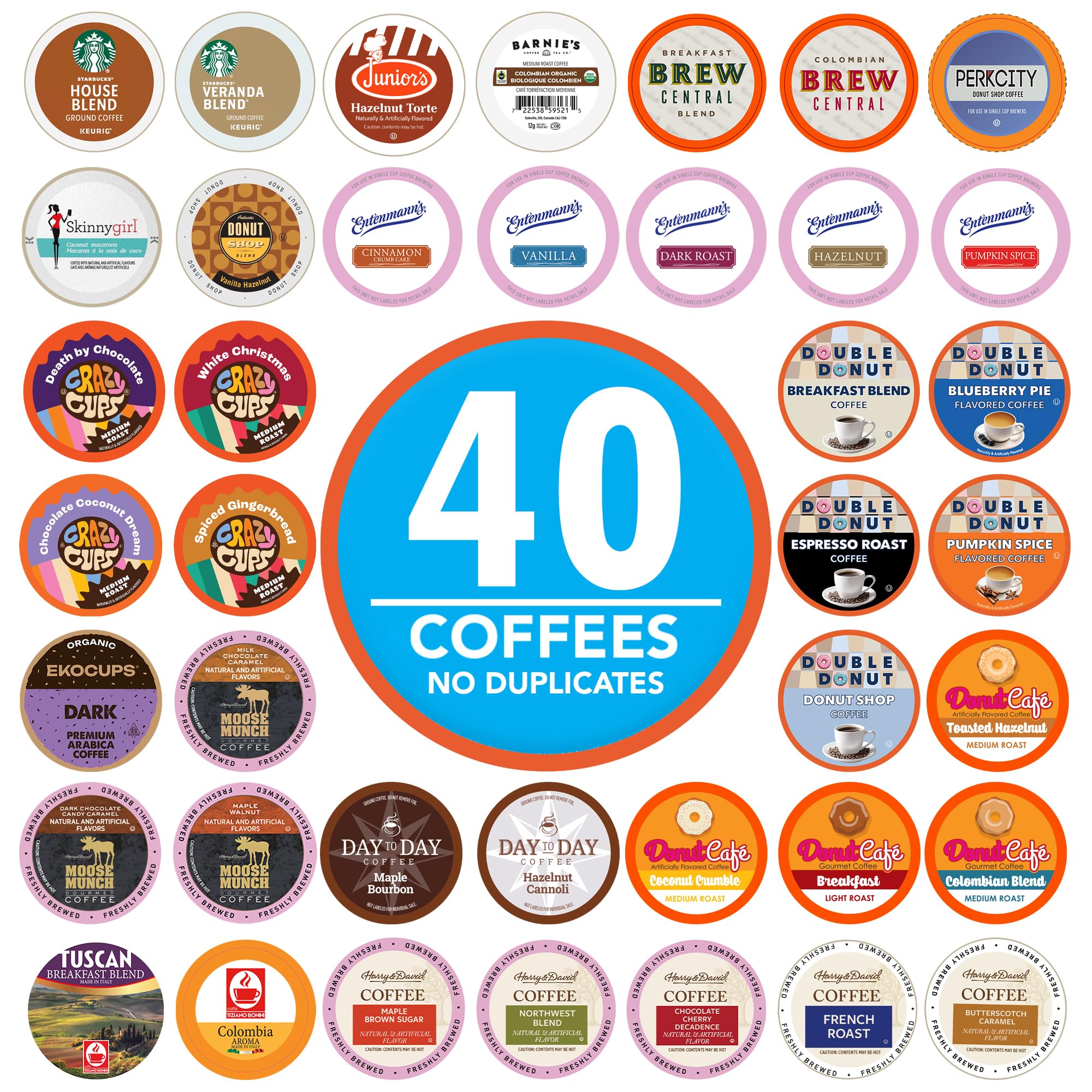 Crazy Cups Coffee Pods Variety Pack Sampler from Top Brands, Assorted Single Serve for Keurig K Cups Coffee Makers, 40 Unique Cups