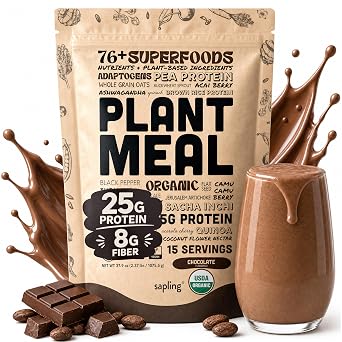 Plant Meal Replacement Shake - Chocolate - 25g of Plant Based Vegan Protein Powder, 76+ Organic Superfoods, Vitamins & Minerals, Mushrooms, Super Greens, Digestive Enzymes & Probiotics - 15 Servings