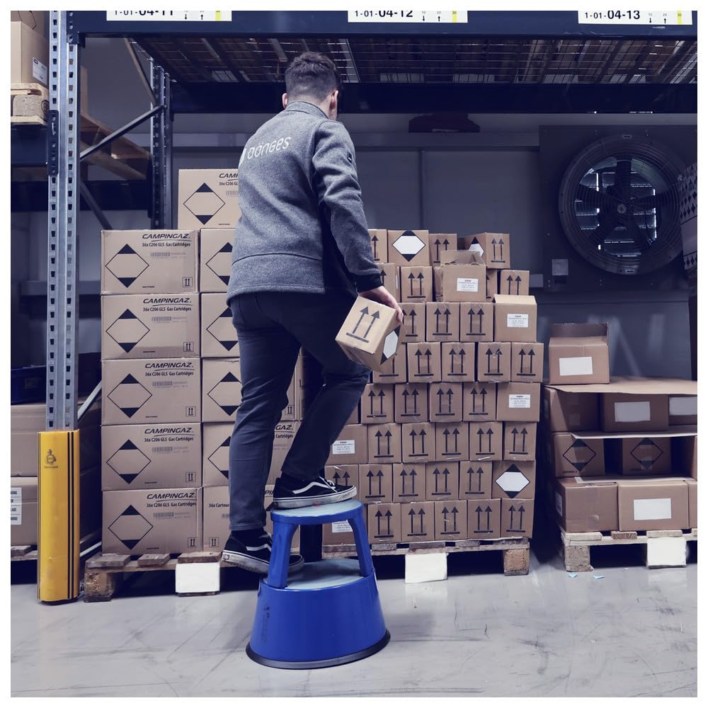 Dönges Rollhocker aus Metall | Bis 150 kg Tragkraft | TÜV & GS geprüfter Tritthocker für Büro, Gewerbe & Heim | Elefantenfuß, Hocker in blau