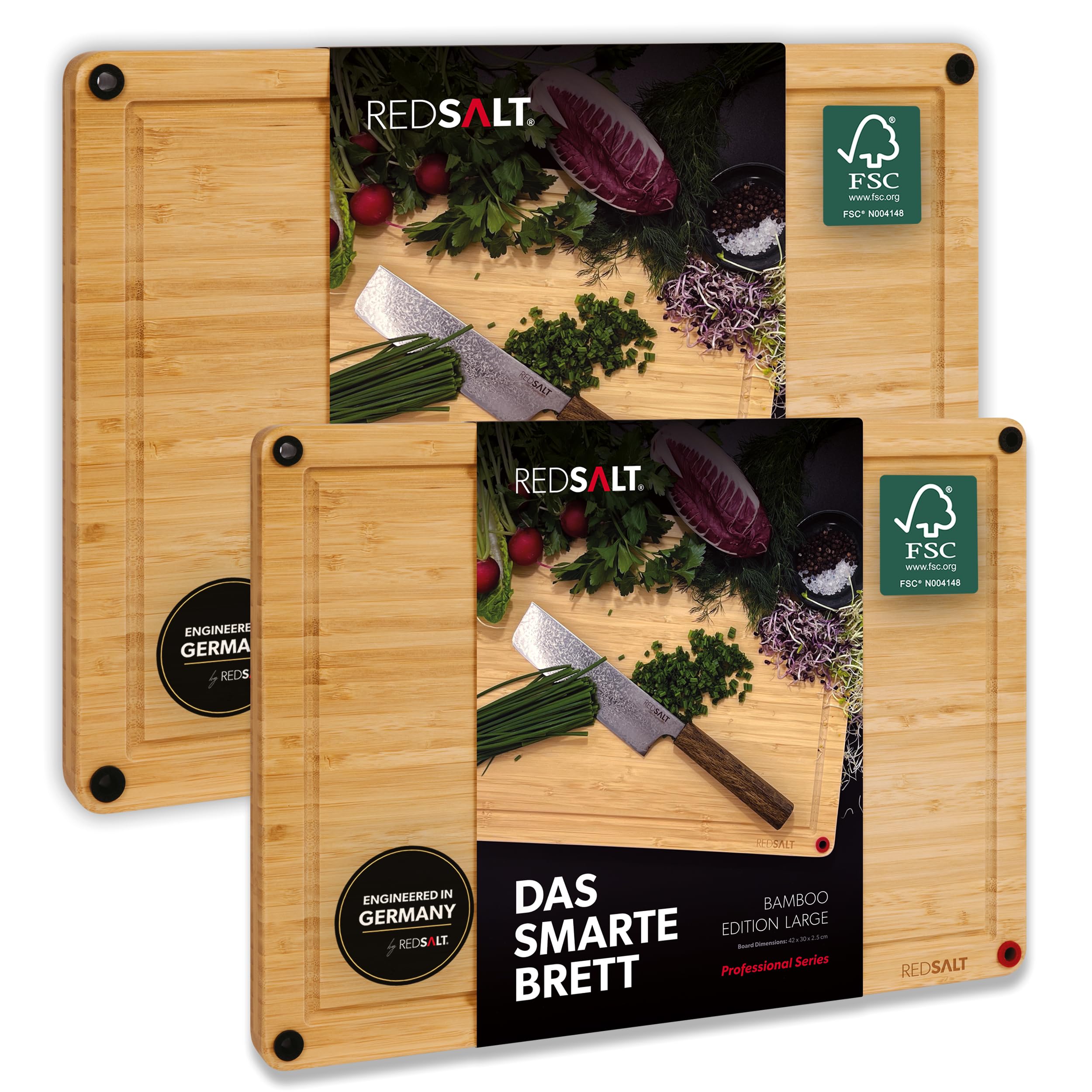 REDSALT Bambus Schneidebrett Set XL & L – 2-teiliges Küchenbrett Set mit Saftrille, Antirutsch-Füßen & beidseitig nutzbarer Oberfläche