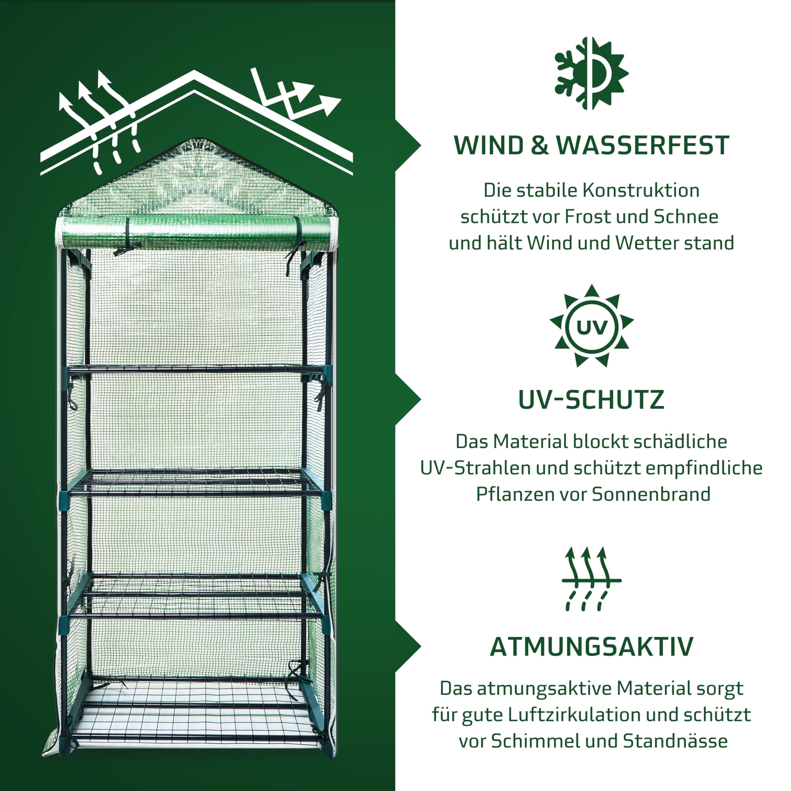Ironhand Garden Gewächshaus - 4 Etagen mit versärktem Maschendraht - Pflanzenhaus - robuster 135g PE Mesh-Abdeckung - mit stabilem Eisenrohr-Gestell Ø16 mm - Rostschutz-Beschichtung - grün