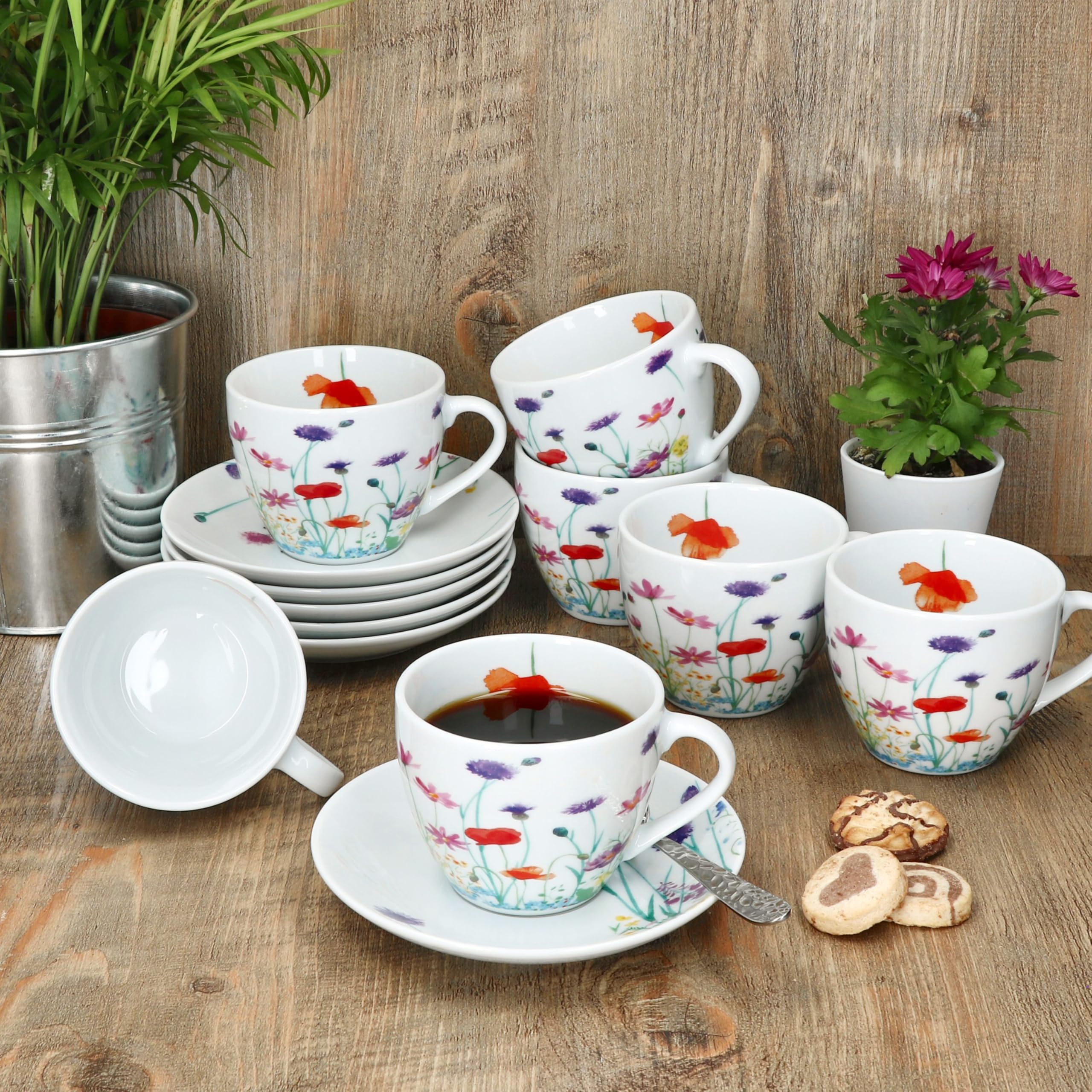 MamboCat Marie - Set di tazze da caffè con piattini per 6 persone, in porcellana con prato floreale, per colazione e caffè, 6 tazze da tè da 190 ml e piattini