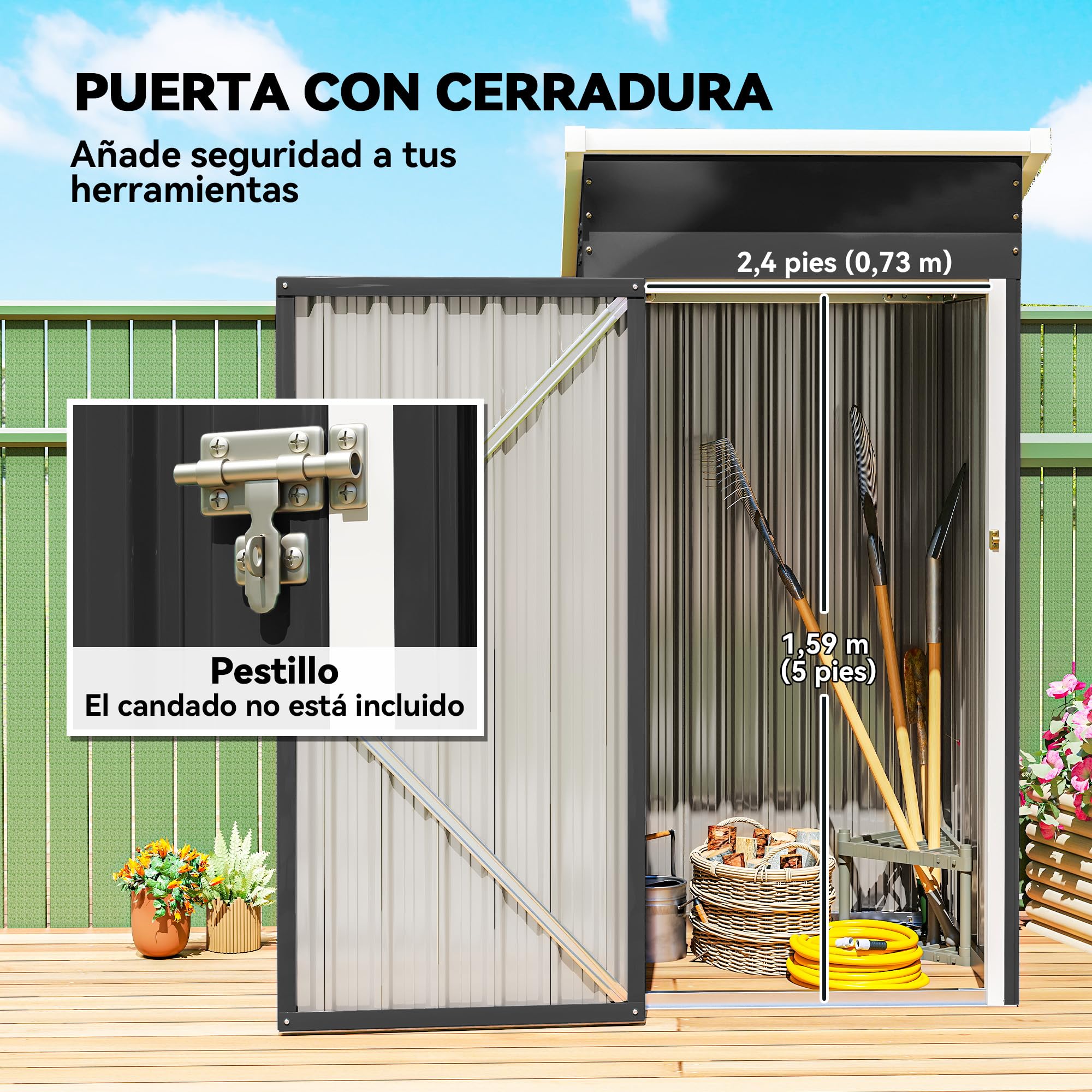 Outsunny Caseta de Jardín Exterior 0,74 m², 107,5x91x185 cm, Cobertizo de Jardín Exterior Metálico con Techo Inclinado, Puerta con Cerradura y Ventilaciones para Almacenamiento de Herramientas, Gris — view 6