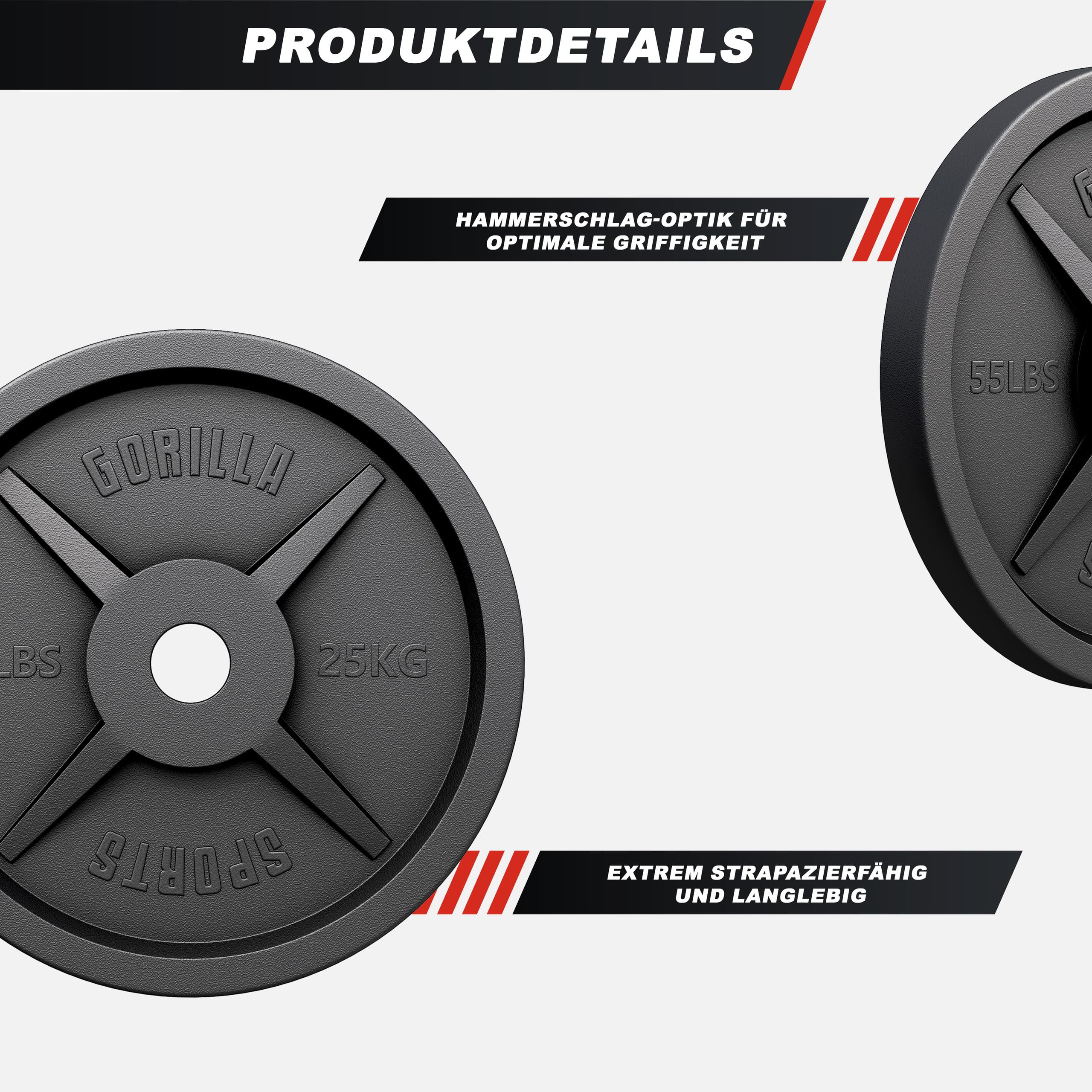 GORILLA SPORTS® Olympia - Discos de pesas (1,25 kg, 2,5 kg, 5 kg, 10 kg, 15 kg, 20 kg, 25 kg, 30 kg, orificio de 50 mm, hierro fundido)