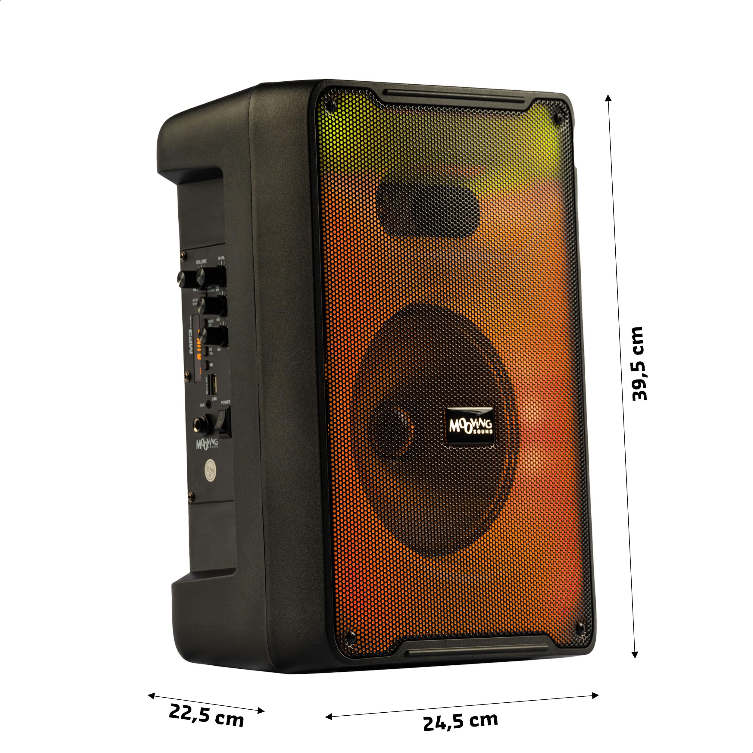 MS-KARA-MOOV500 - MOOVING SOUND - 8"/500W głośnik zasilany bateryjnie z efektem świetlnym na przednim panelu, 1 mikrofon bezprzewodowy i 1 mikrofon przewodowy - Czarny