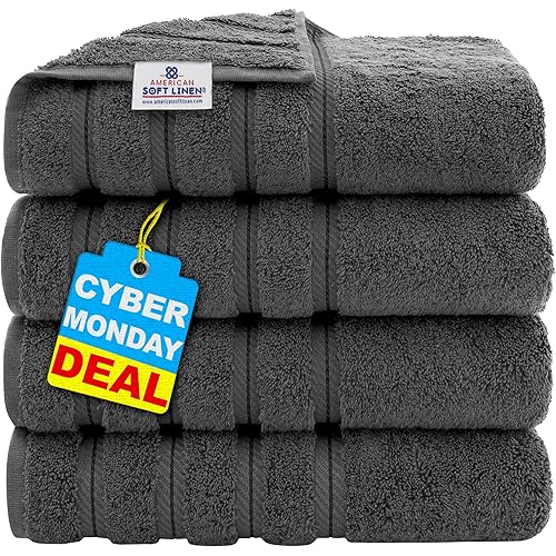 American Soft Linen Luxury 4 Piece Bath Towel Set, 600 GSM 100% Cotton Turkish Bath Towels for Bathroom, 27x54 in Large Bathroom Shower Towels, Dark Gray
