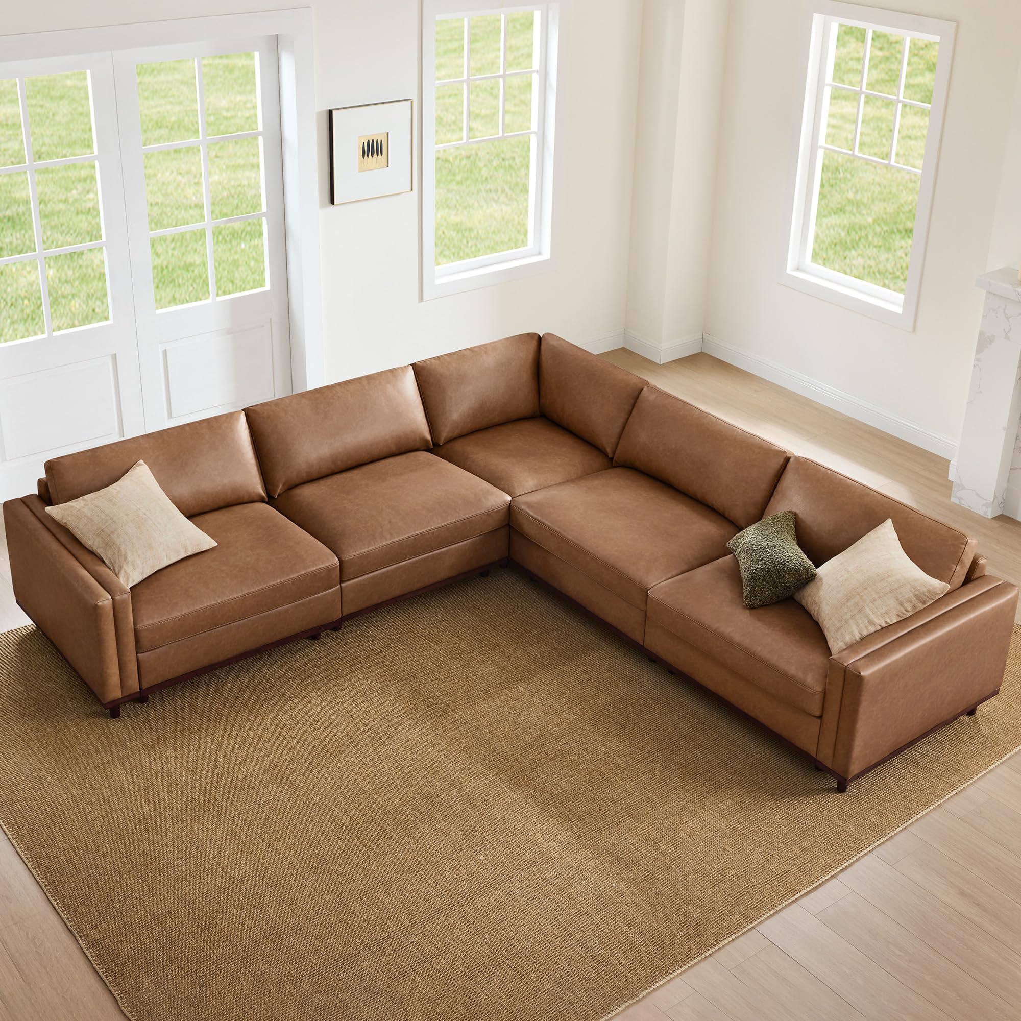 CHITA 114” Super Large Sectional Modular Sofa, 5 Seat, Faux Leather, Camel