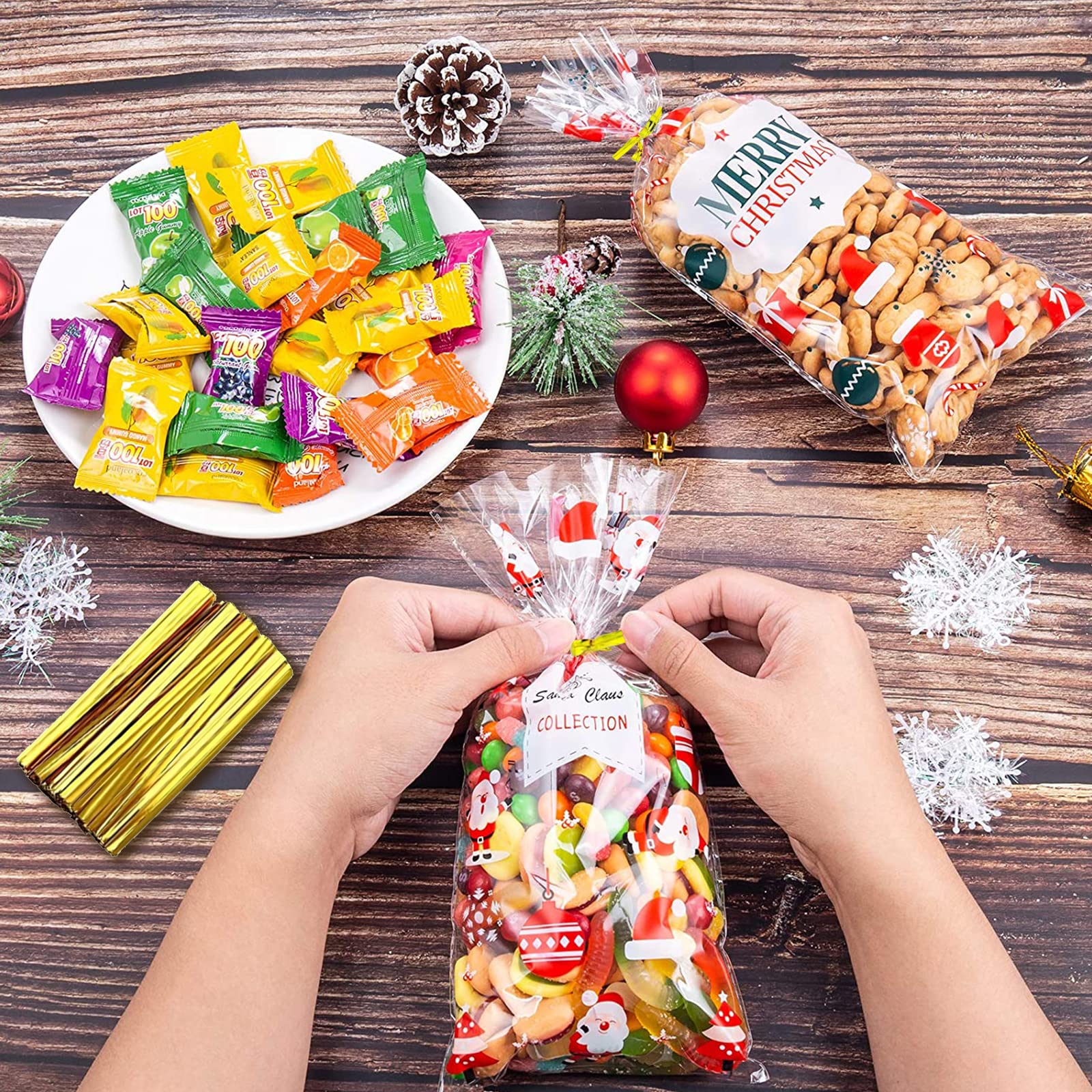 Lot de 200 sachets en cellophane transparent pour bonbons - 15 x 25 cm - Avec 100 nœuds et 200 attaches torsadées pour bonbons - Cadeau d'anniversaire d'enfant
