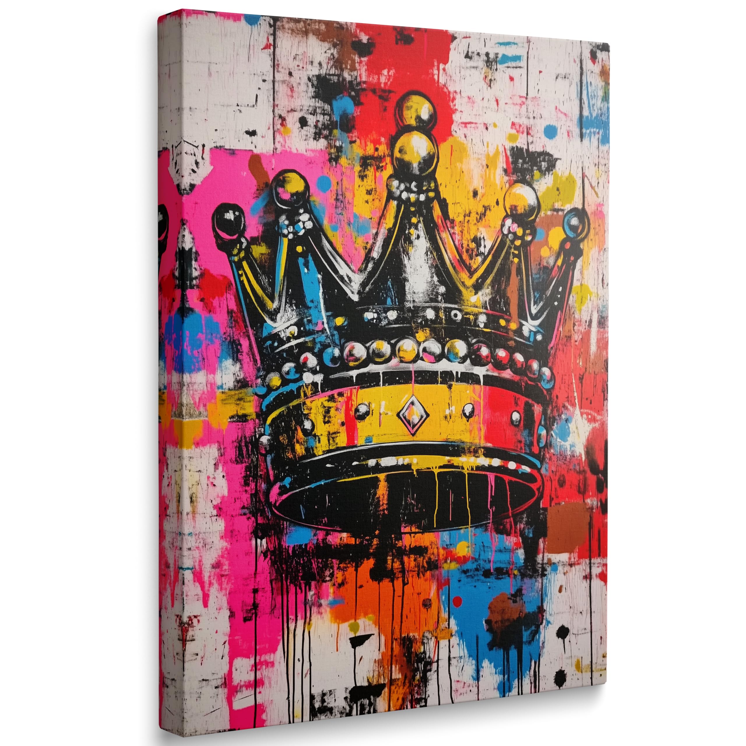 Framed Banksy Crown Abstract Street Basketball Room Canvas Art Wall Decor, for Teen Boy Room Hip Hop Graffiti Inspired Colorful Street Paintings Perfect for Bedroom or Bathroom Ready to Hang (16"x24")