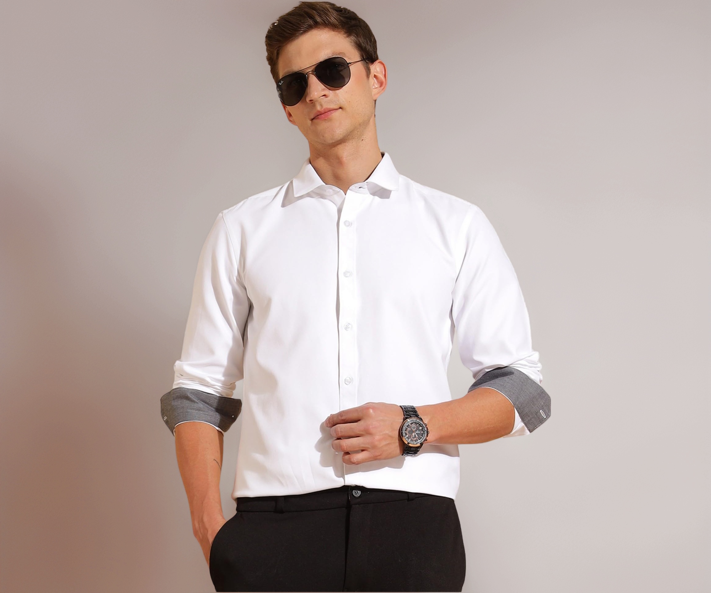 Image of Fyltr Men's Regular Fit Oxford Cotton Blend Shirt - Full Sleeve | Contrast Trim Fabric | Formal Shirts for Men