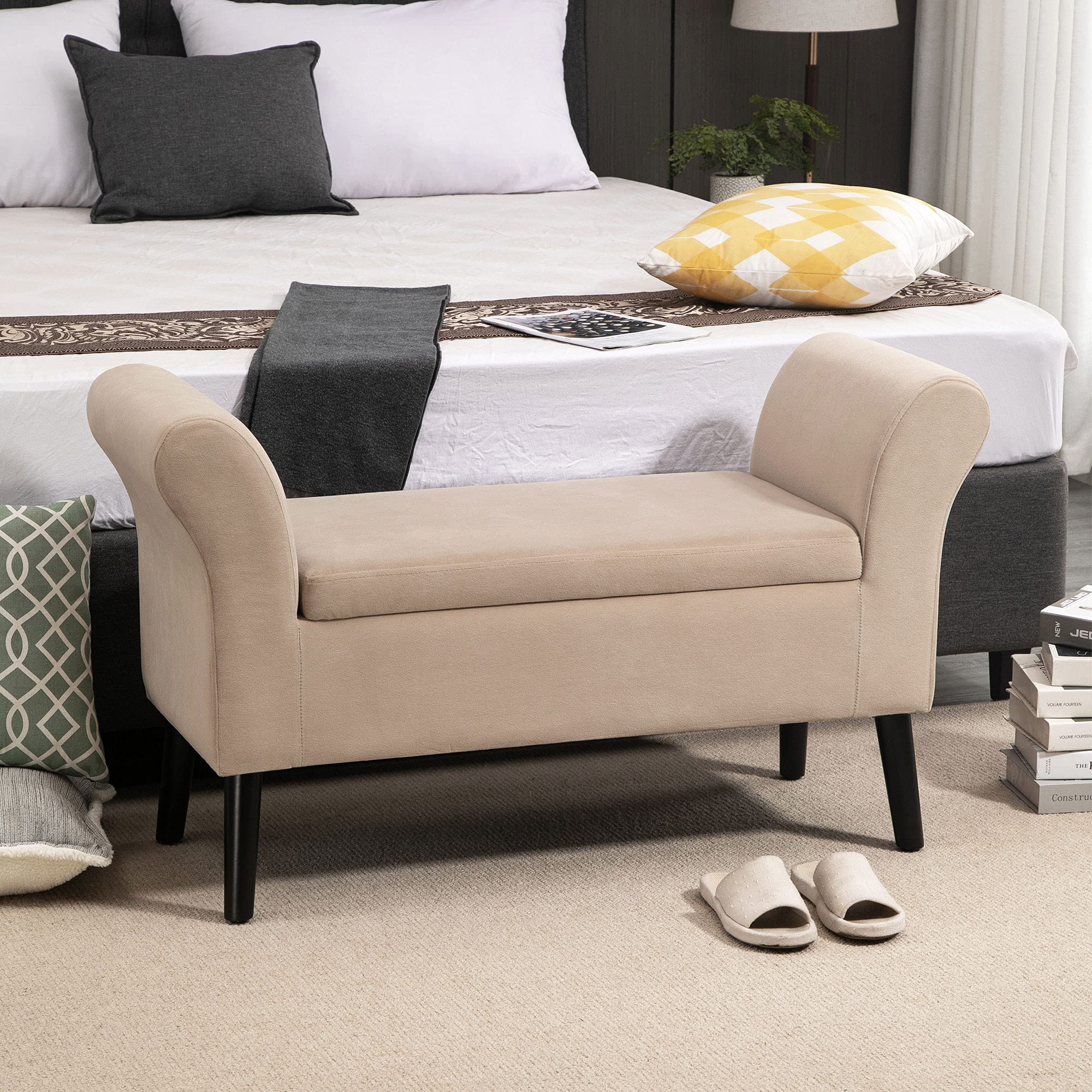 HOMCOM Sitzbank mit Stauraum mit Samtoptik 111,5 x 41 x 65 cm Beige | Polsterbank, Bettbank mit Holzbeine, Bank für Wohnzimmer Schlafzimmer Flur