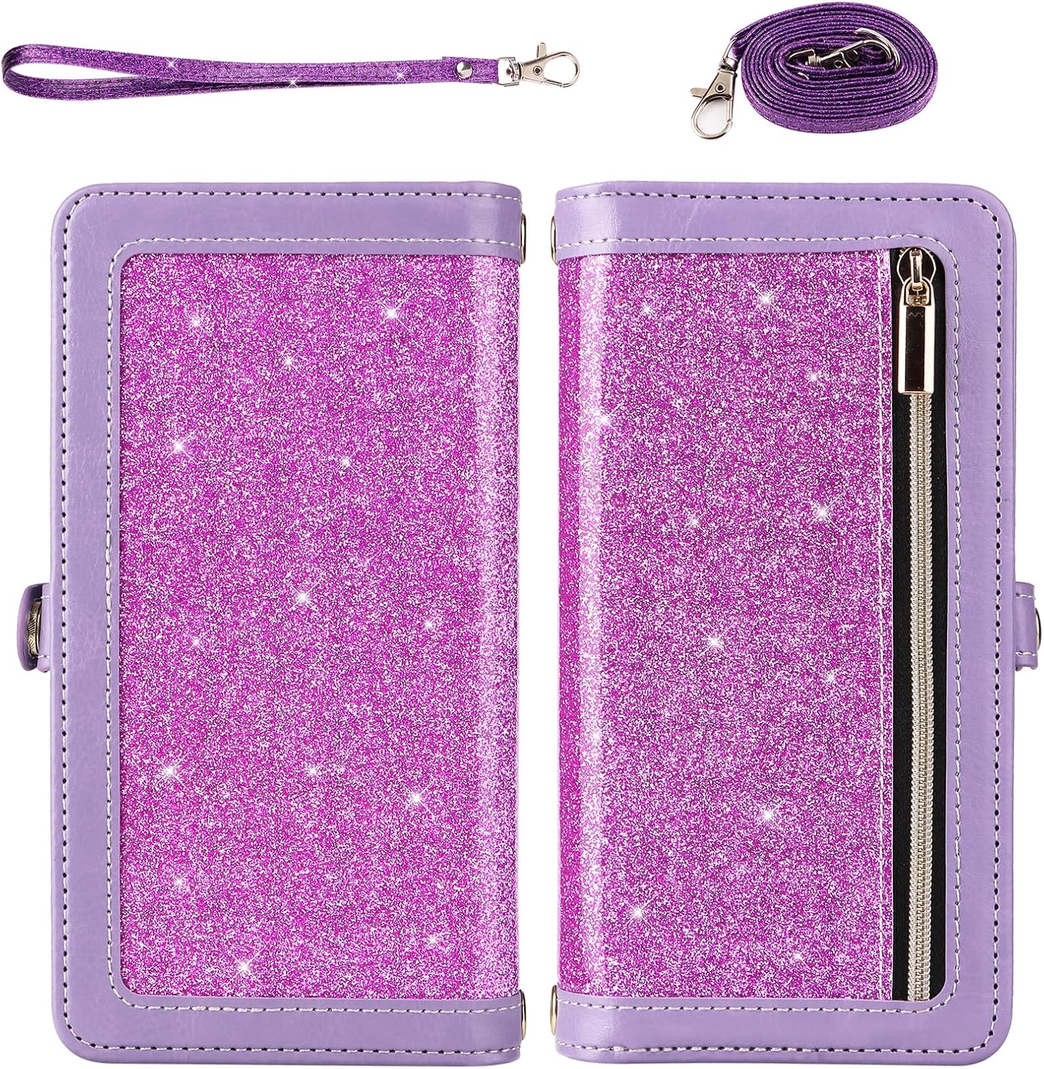 Asuwish Phone Case for Samsung Galaxy A12/M12 Zipper Wallet Detachable Cell Cover with Tempered Glass Screen Protector Strap Bling Glitter Flip Card Holder A 12 5G A-12 S12 12A 4G Women Girls Purple