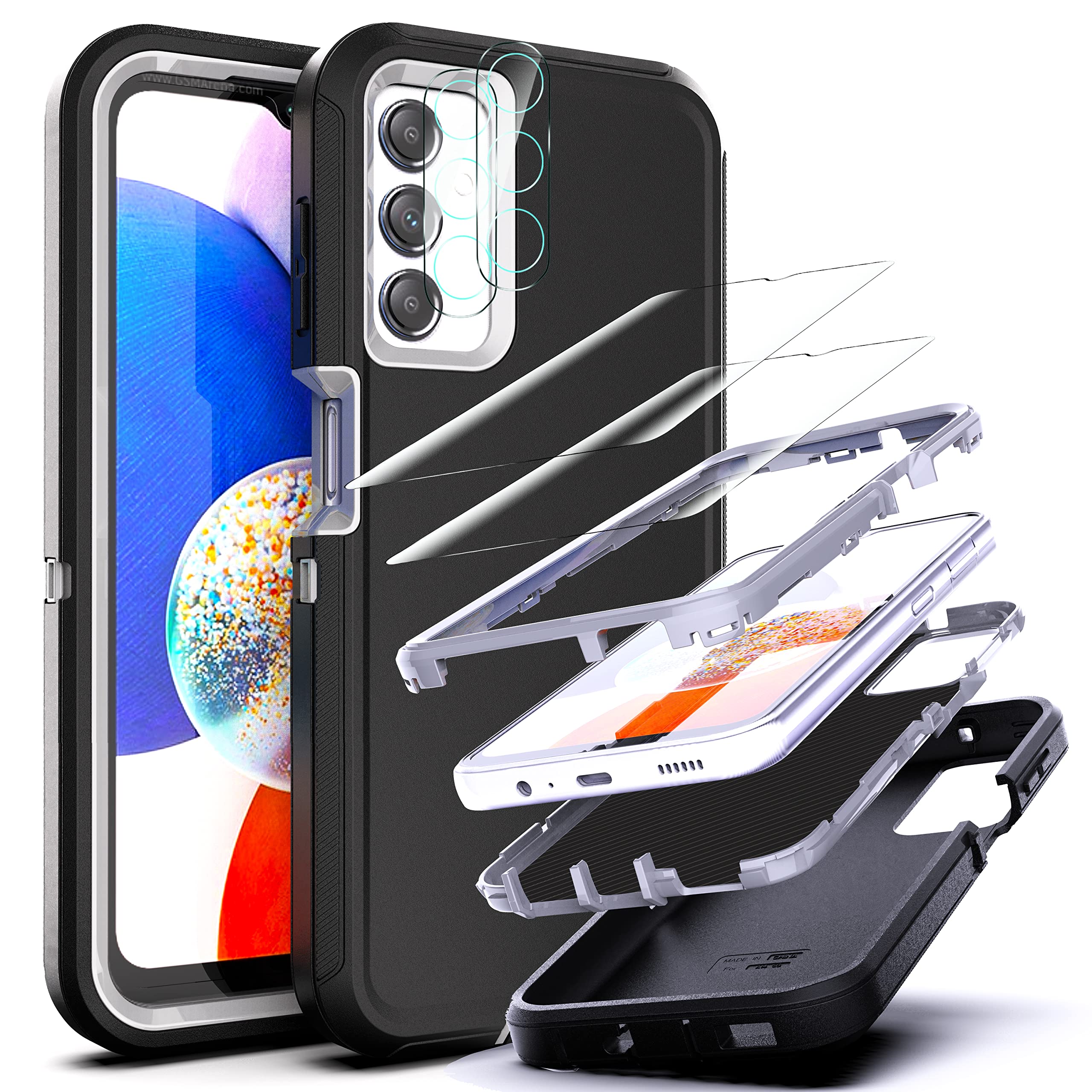 YmhxcY Samsung Galaxy A14 5G Case, Heavy Duty Protection with Explosion-Proof Film & Camera Lens Protector, Black and Grey