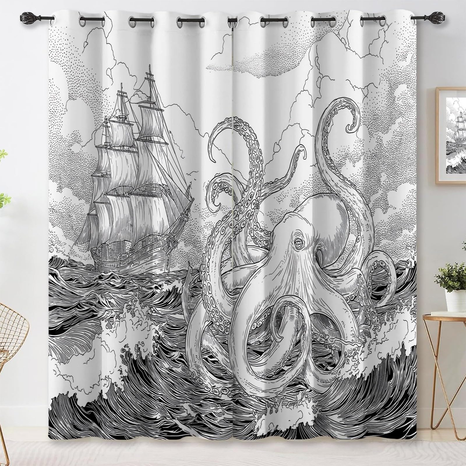 Rideau Occultant Lot de 2, Style Nautique Fantaisie Rideaux, 70 x 240 cm Rideau Thermique Isolant Anti Froid et Chaleur, Pieuvre Tentacules Voilier Motifs Rideau à œillets pour Chambre Salon, Blanc