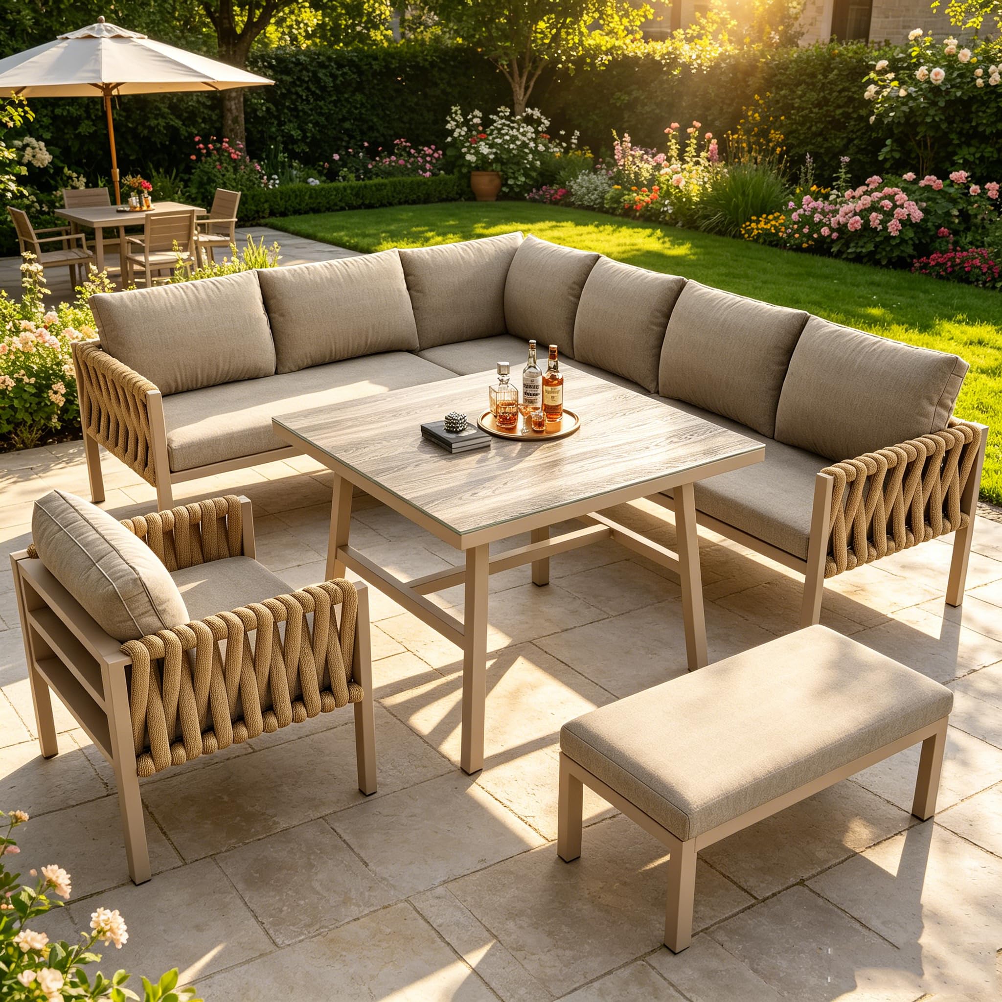 Salon de Jardin Extérieur 6/8 Personnes, Canapé d'angle et Fauteuils en Corde Ensemble de Table et Chaise de Jardin avec 2 Canapés Longs, 1 Canapé Simple et 1 Table en Fer Galvanisé (Beige)