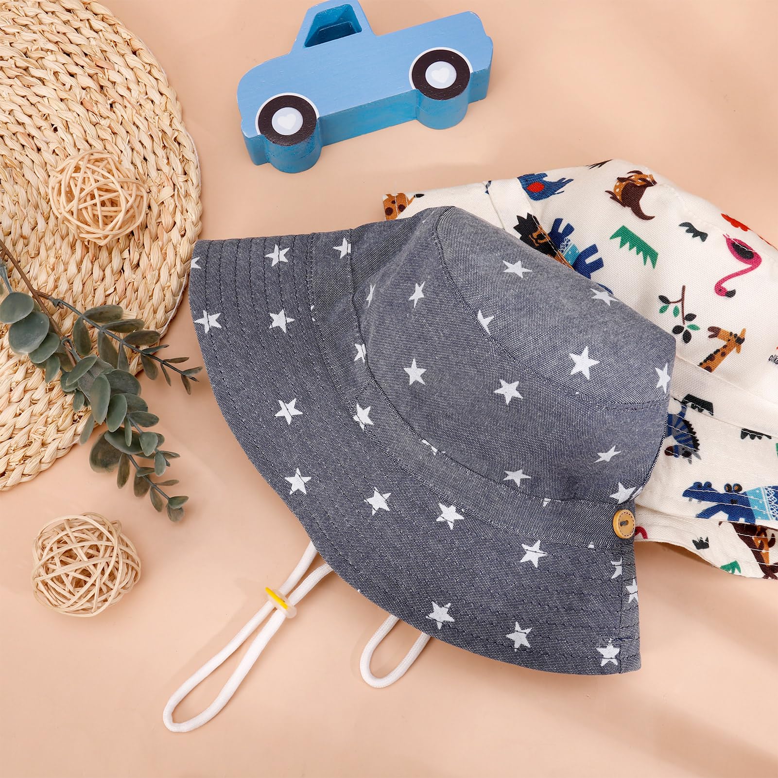 2 Pieces Toddler Sun Hat Kids Bucket Sun Hat Baby Cute Print Summer Hat with Adjustable Head Drawstring and Chin Strap Outdoor Kids Summer Protection Bucket Hats — view 5