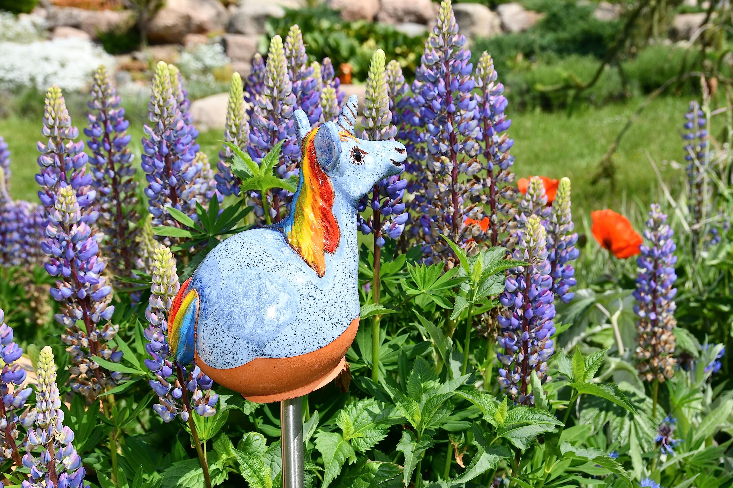 Gartenstecker Keramik Handgefertigt - Gartendeko für Draußen Wetterfest - Garten Deko Keramik - Gartenfiguren & Gartenstatuen - Einhorn