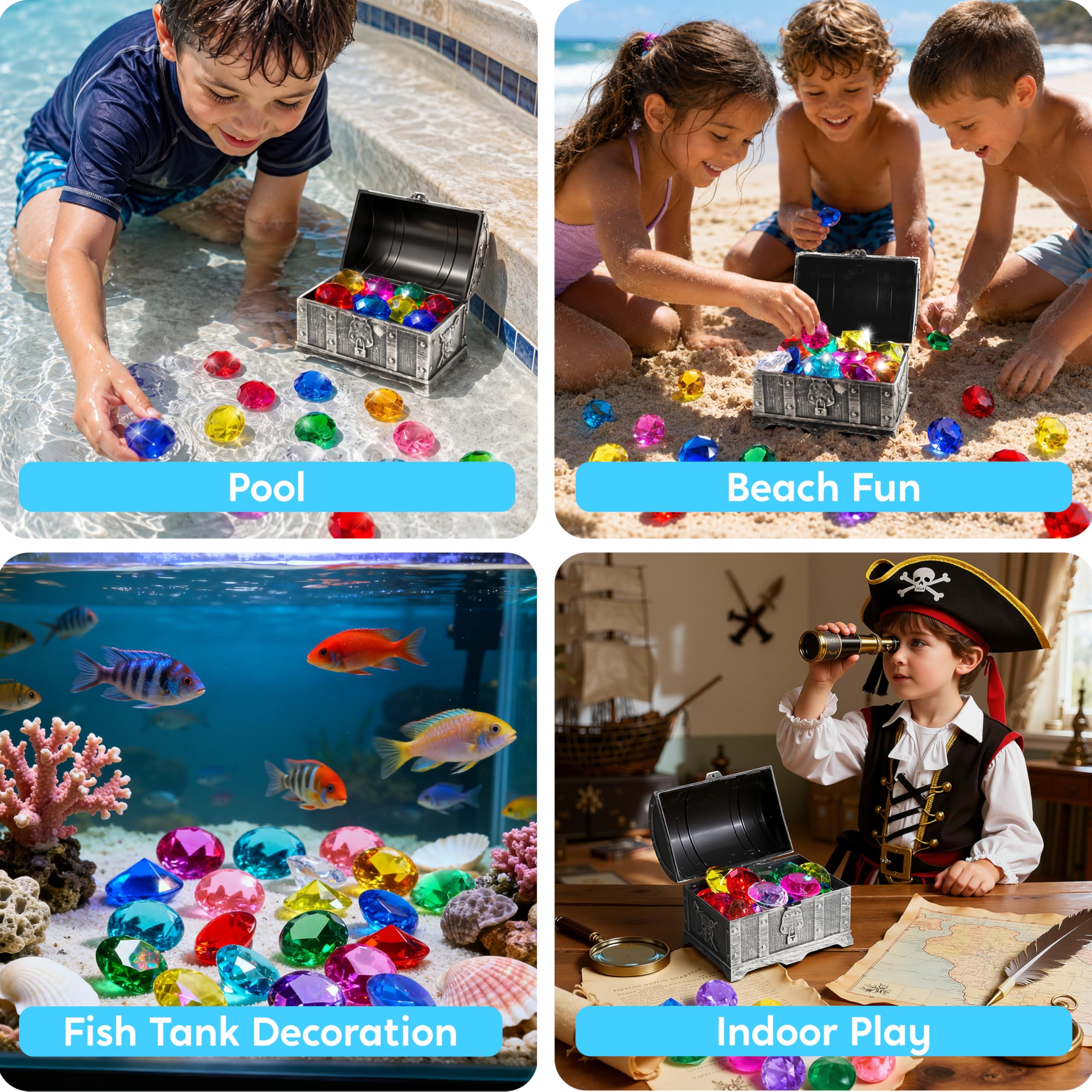 Sloosh Giocattolo da Piscina Diving Gems, 16 Grandi Diamanti Colorati con Scrigno dei Pirati, Giocattolo subacqueo per Bambini con Gemme subacquee, Regalo per l'allenamento al Nuoto