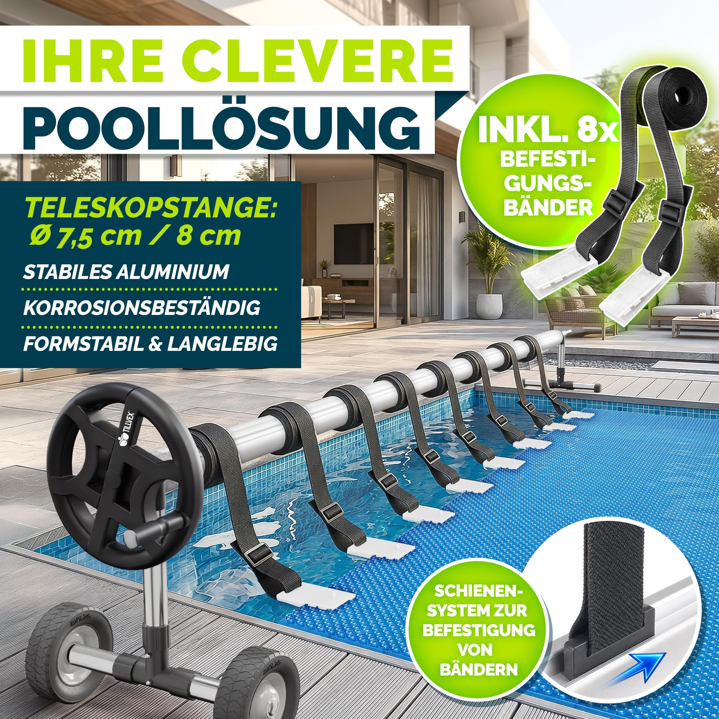 tillvex Pool Aufroller Premium 3-5,70 m mit Vollgummireifen inkl. Thermometer & Bänder | Aufrollsystem für Solarfolie | Aufrollvorrichtung für Poolplane & Abdeckung | witterungsbeständiges Material