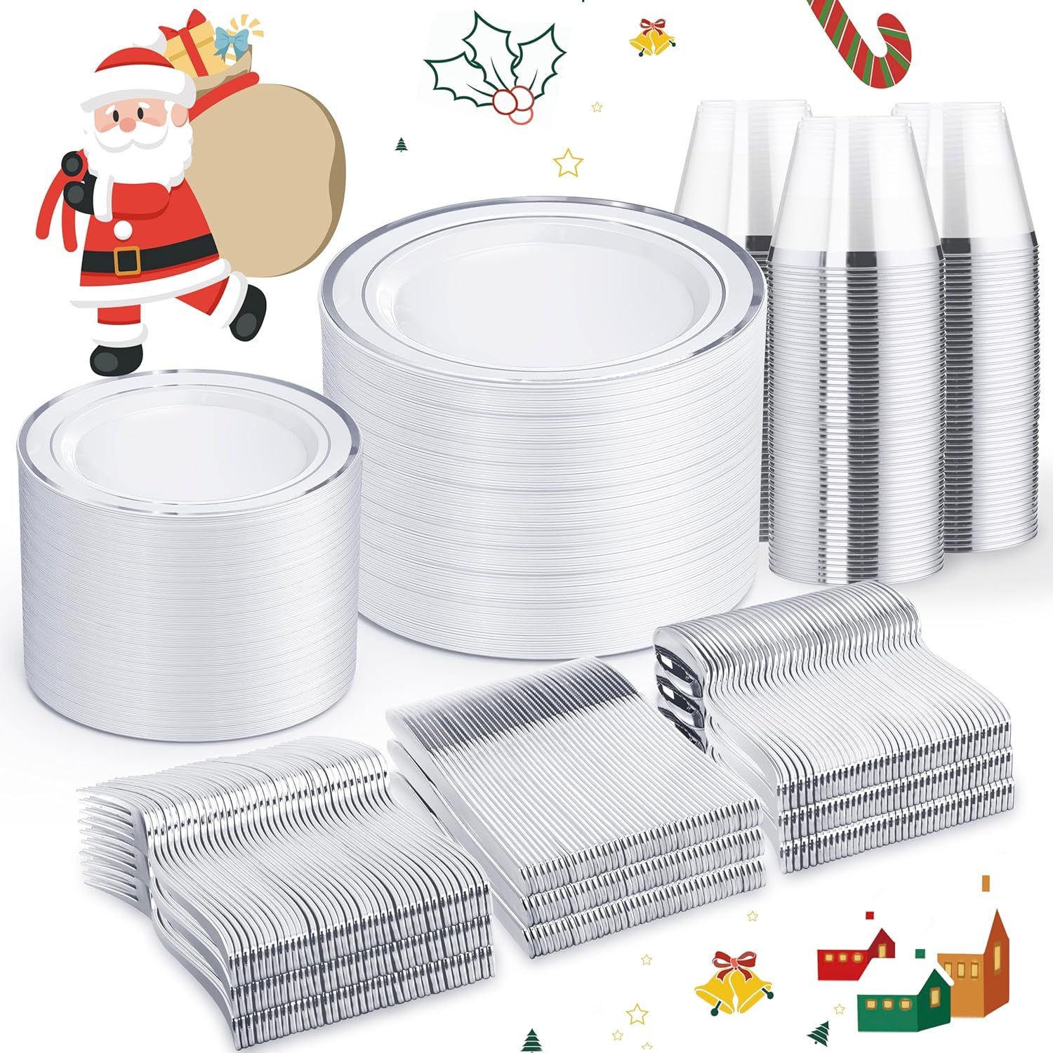 WELLIFE 600 PCS Silver Disposable Dinnerware Set for 100 Guests, Wedding Plates Silver Plastic Plates for Party, 100 Each-Dinner & Salad Plates, Cups, Forks Knives Spoons for Wedding and Anniversary