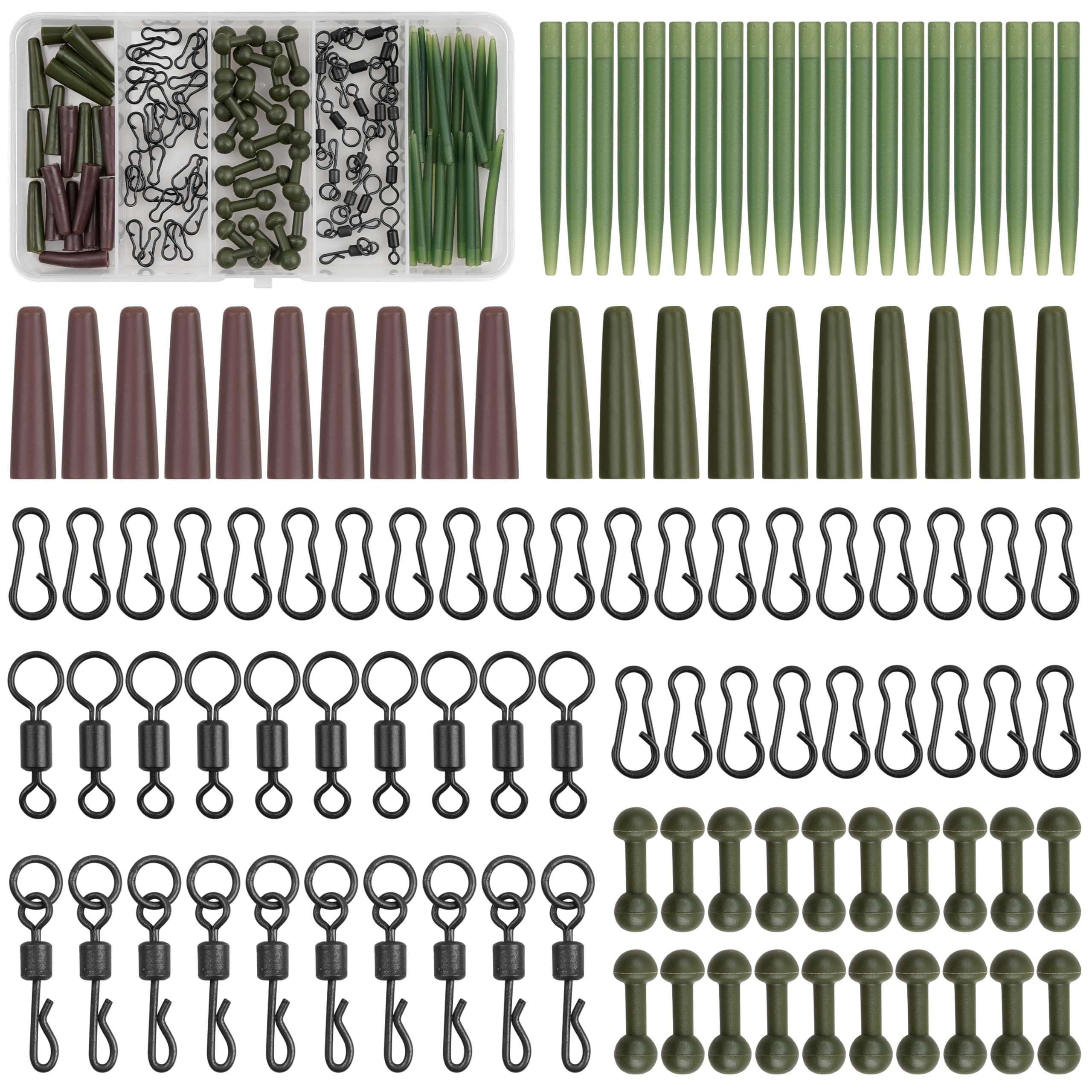 JOGFFDE 110pcs Carp Fishing Helicopter Rig Accessories Kit with Anti Tangle Sleeves Quick Change Swivels Clips Helicopter Beads Tail Rubber Terminal Tackle for Carp Coarse Fishing