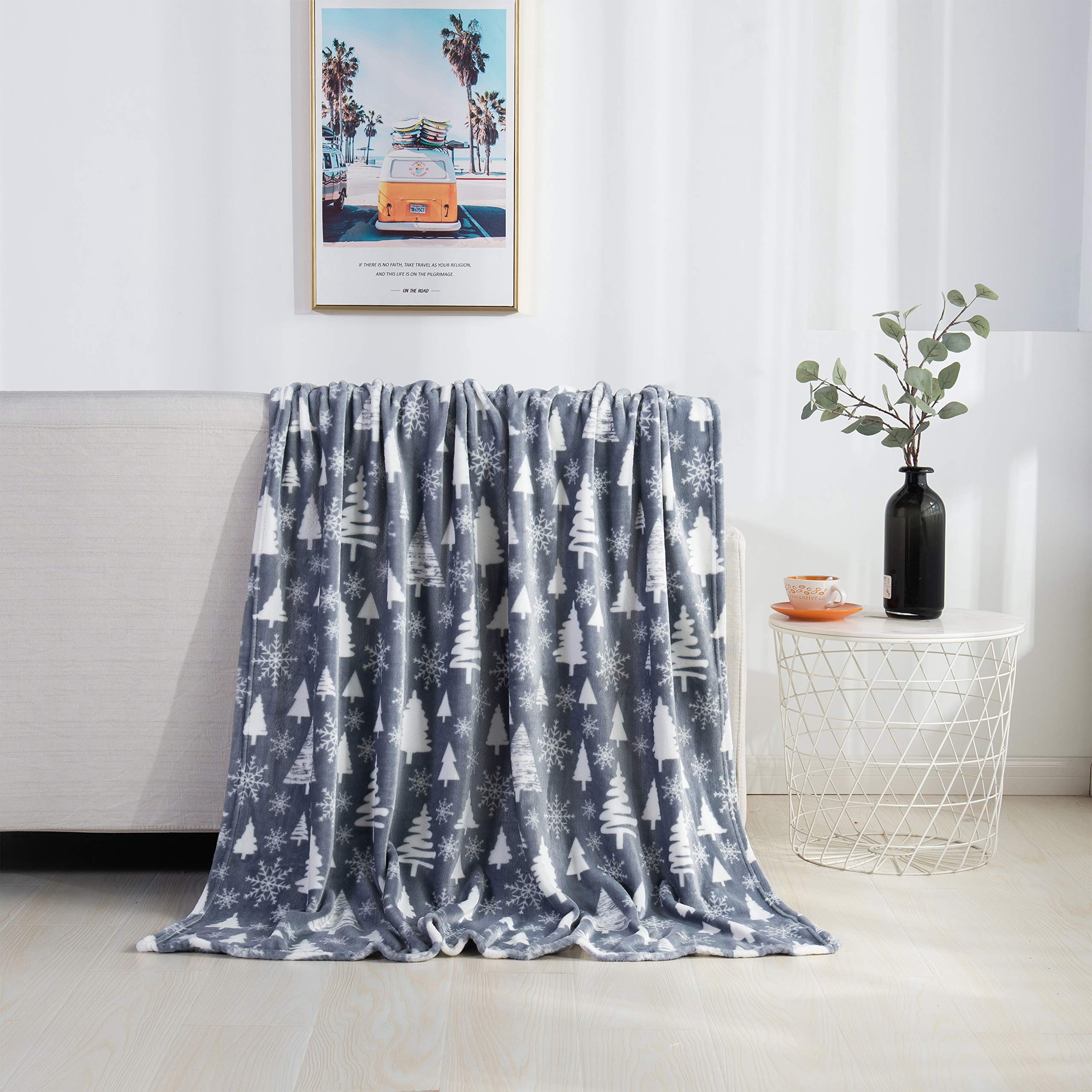 Elegant Comfort Velvet Touch Ultra Plush Christmas Holiday Printed Fleece Throw/Blanket-50 x 60", (Gray Christmas Tree)