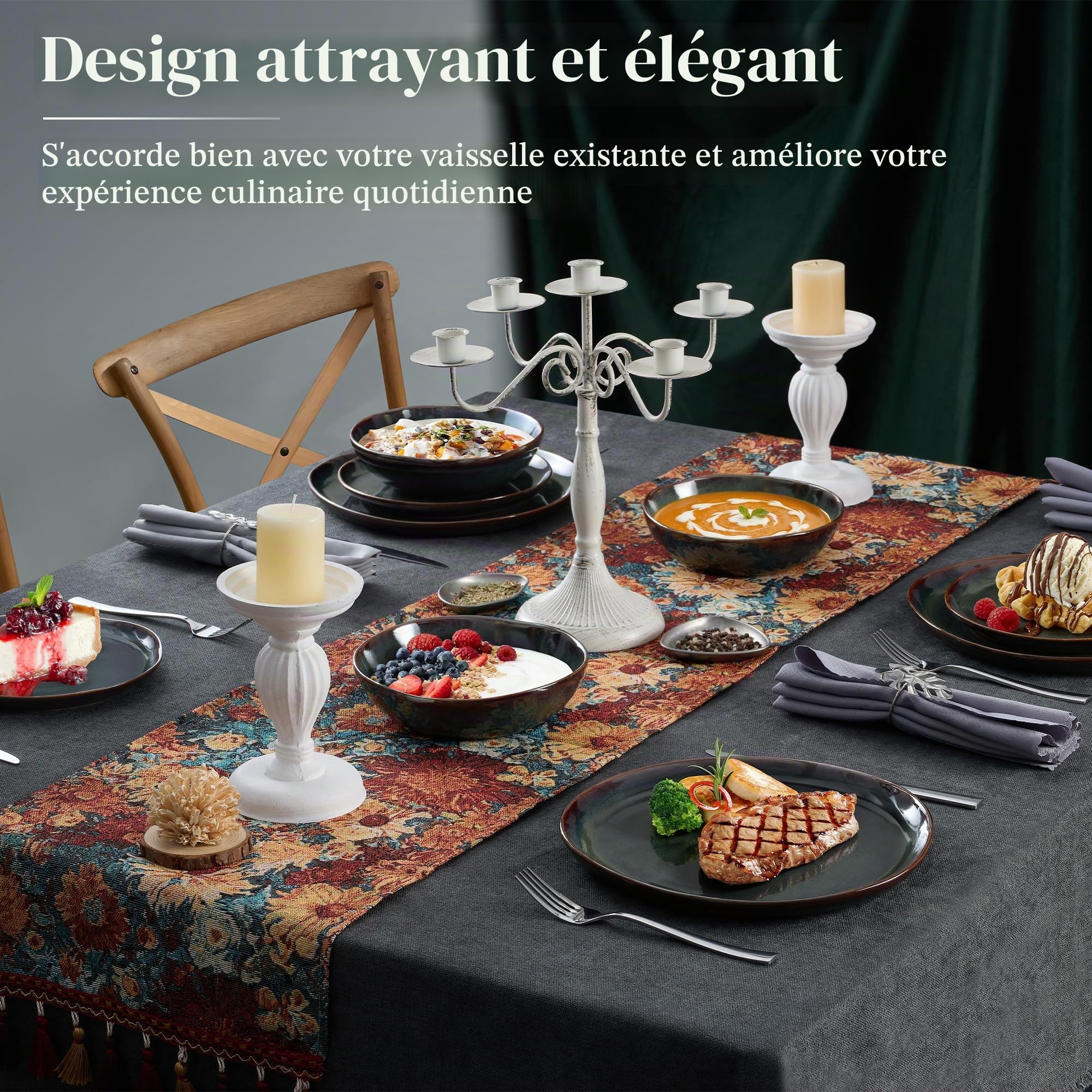 Onader Service de table pour 6 personnes, 18 pièces, en faïence, bols à céréales, assiettes à dessert, assiettes plates, anti-rayures et passe au micro-ondes, vert mousse réactive