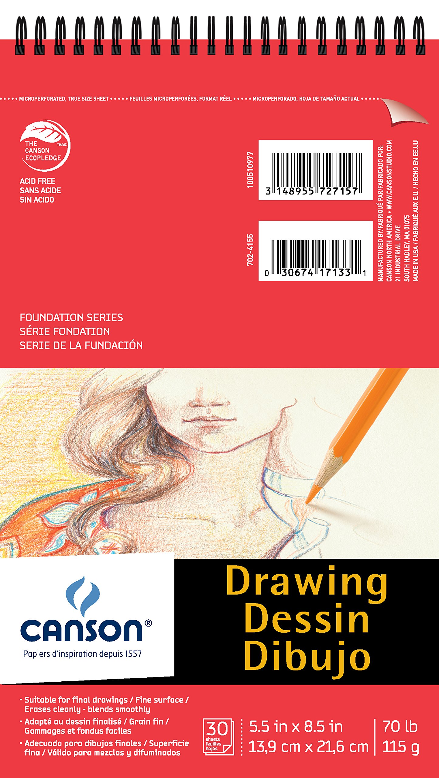 Foundation Drawing Paper Pad with Micro-Perforated Fine Texture, Top Wire Bound, 70 Pound, 5.5 x 8.5 Inch, 30 Sheets, 0, 5.5"X8.5"