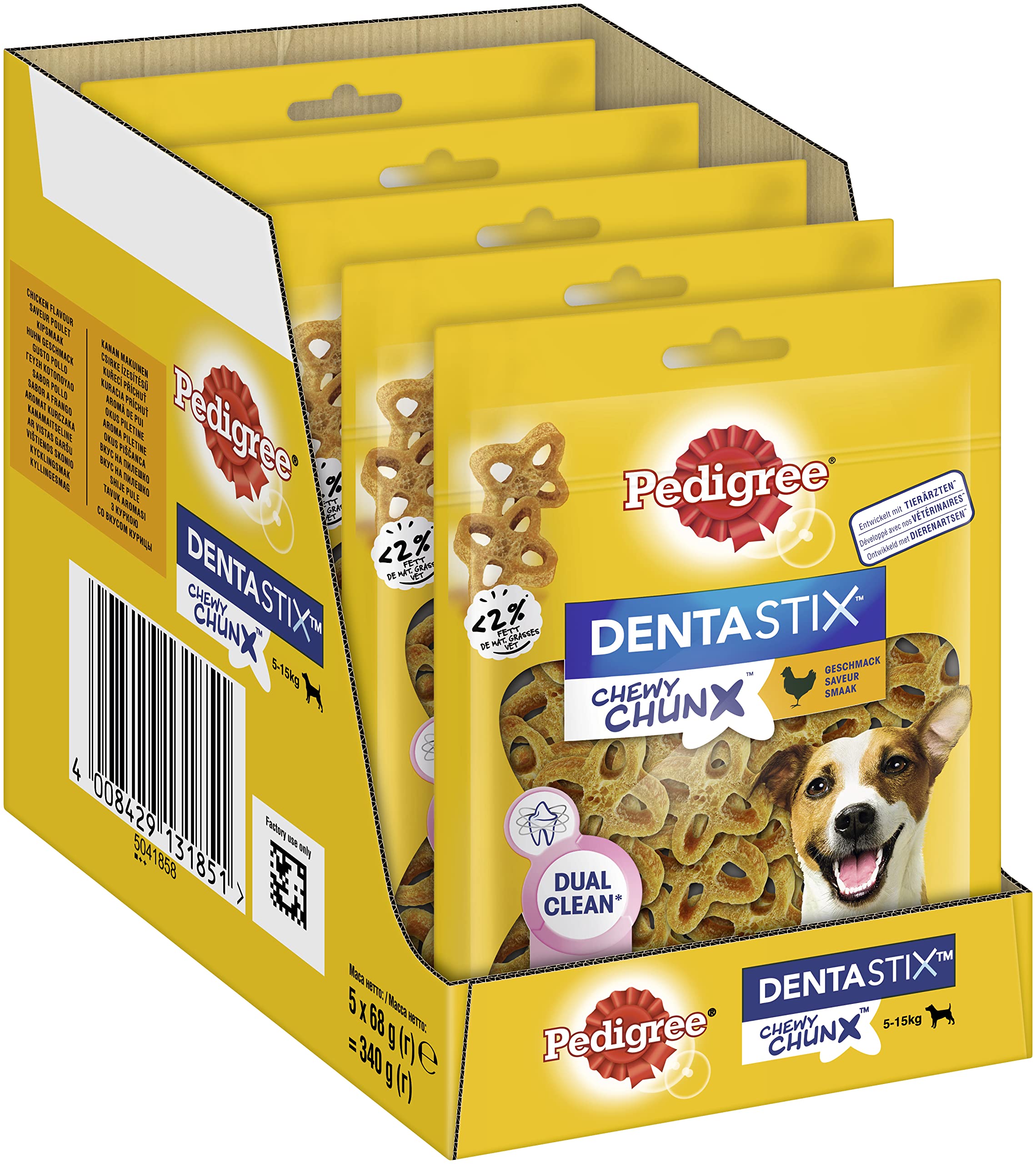 Pedigree Dentastix Chewy Chunx - Bocadillos dentales para Perros pequeños de 5 a 15 kg, con Pollo, 5 Paquetes (5 x 68 g)