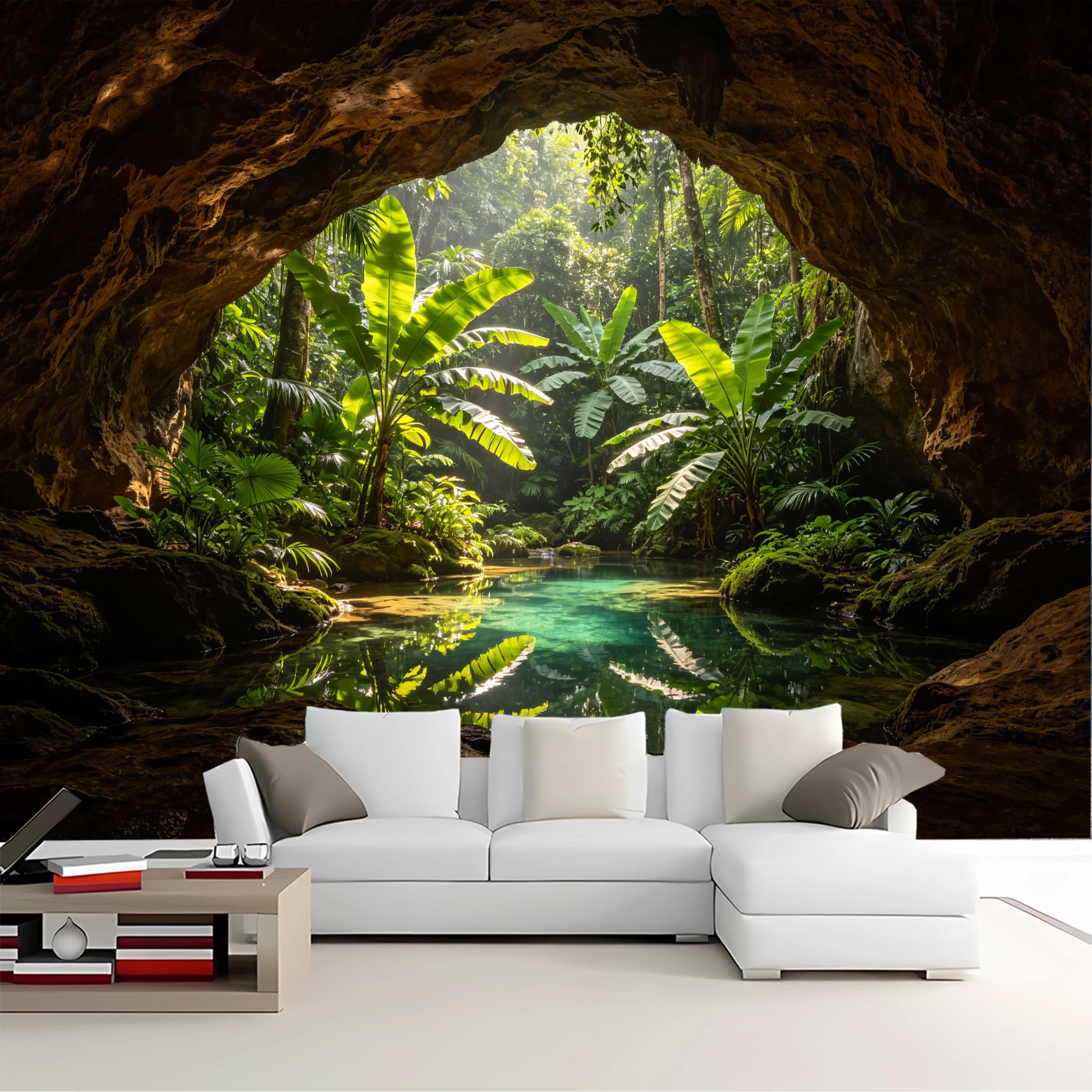 Custom Size Wall Mural Cave View Tropical Jungle Lagoon Removable Self Adhesive Peel and Stick Wallpaper for Bedroom Living Room Dining Room