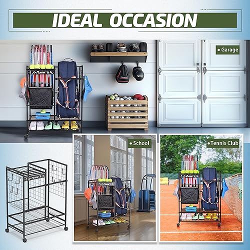 Vista 7 de PLKOW Organizador de bolsas de tenis para raquetas de tenis, soporte para equipo de tenis para bolsas, bolas, raquetas y accesorios, organizador