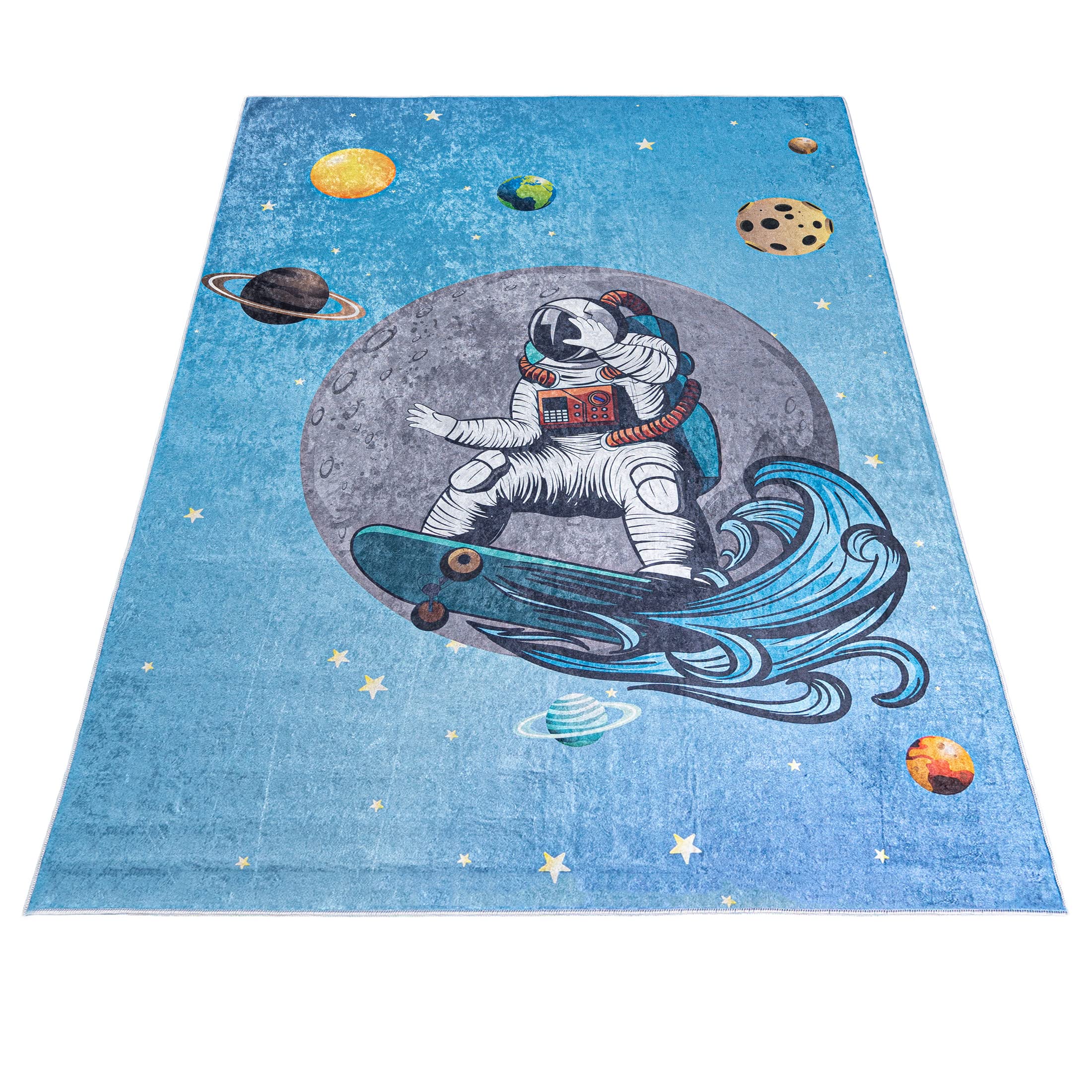 Mazovia Kinderzimmerteppich Antirutsch - Waschbar bis 30 Grad - Planeten Weltraum - Kurzflor Kinderteppich Teppich für Kinderzimmer - ÖKO-TEX - Teppiche Junge Mädchen Blau 160 x 230 cm