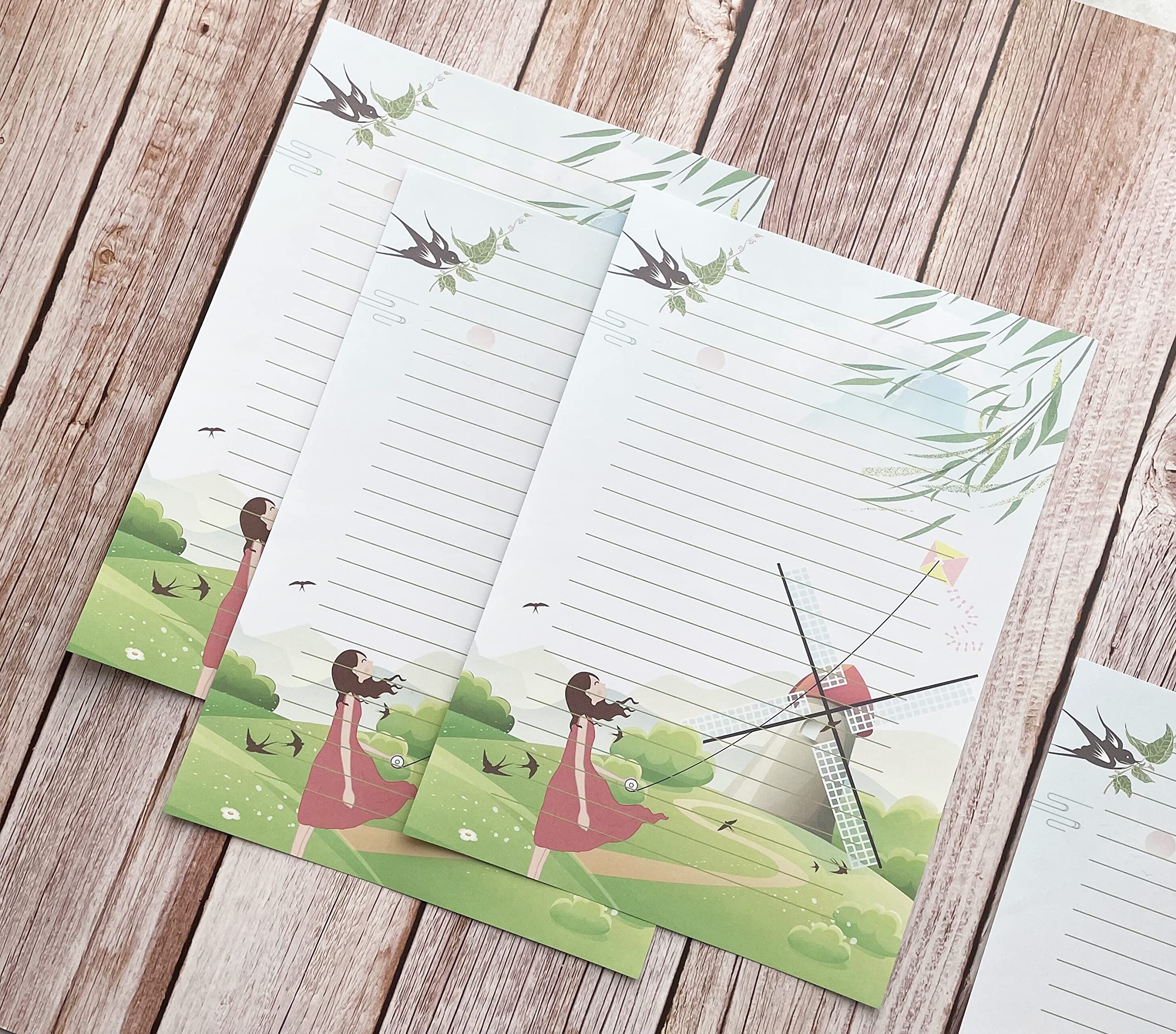 100 papeles de papelería a rayas, hermosos diseños para escribir cartas, notas, invitaciones, manualidades, 5 estilos diferentes (11.7 x 8.25 pulgadas)