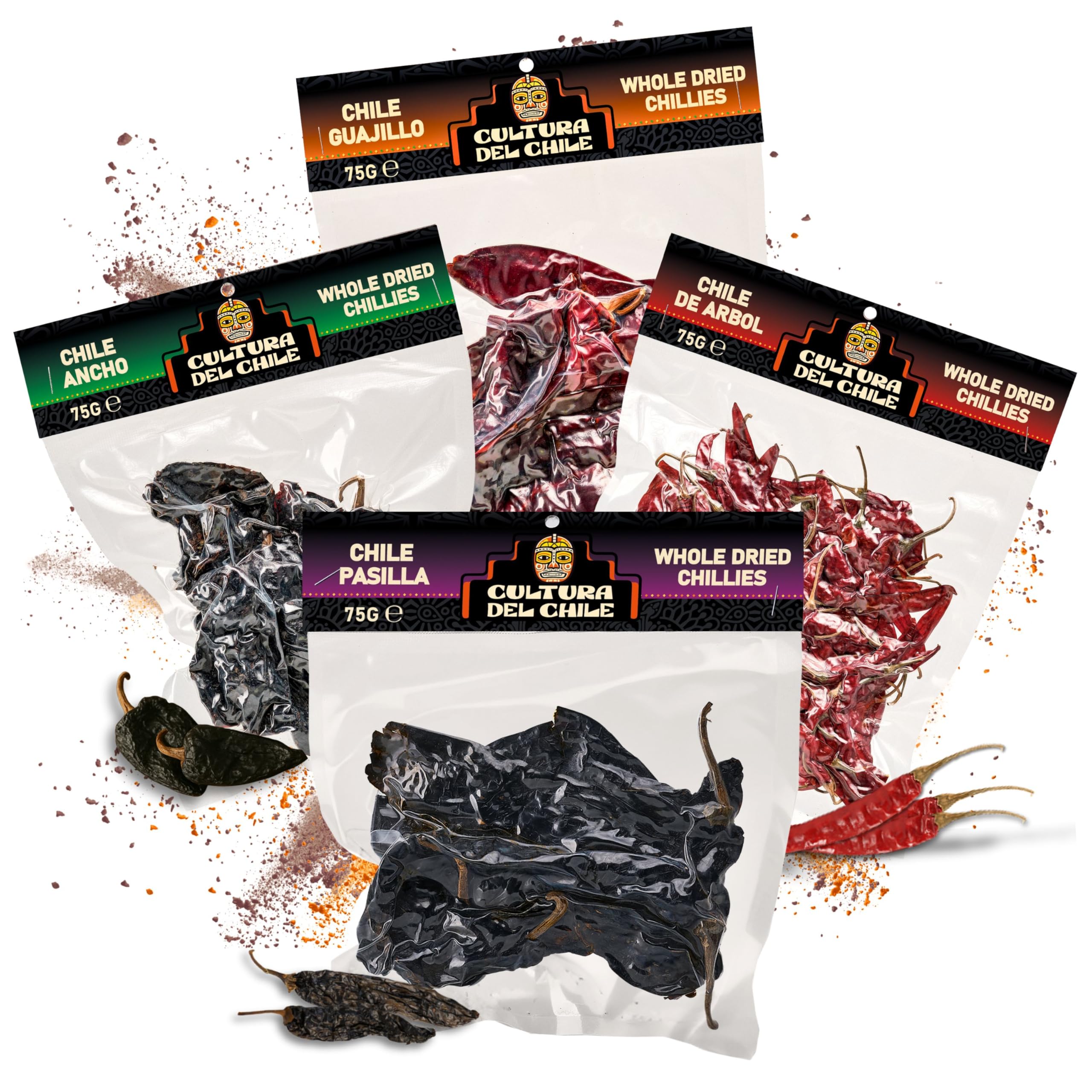 Piments secs entiers mexicains : ancho, guajillo, arbol et pasilla (300 g au total). Piments de base naturels pour un goût mexicain authentique. Idéal pour les tacos Birria, les taupes, les tamales et
