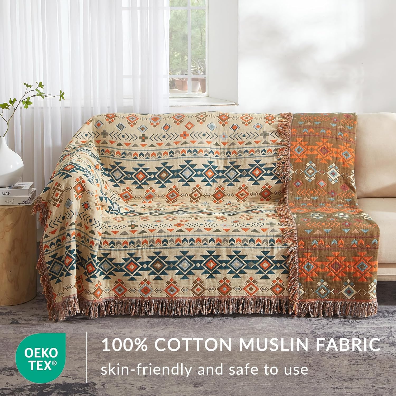 Boho Throw Blanket for Couch Sofa Bed, 100% Cotton Woven Quilt with Tassel 60”x80”, Super Soft Muslin Blanket with Patchwork Printed, Decorative Reversible Bed Blanket/Cover for All Seasons - Image 3