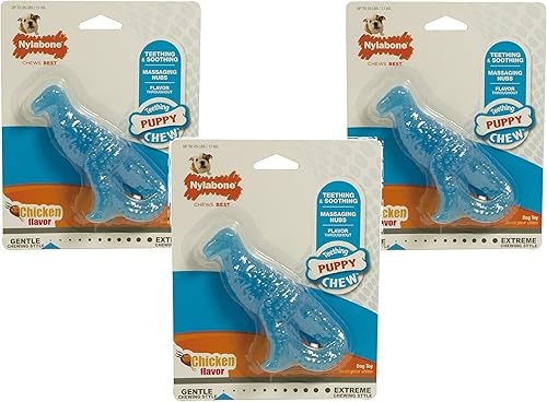 Nylabone Paquete de 3 juguetes masticables para dentición con sabor a pollo T-Rex, perros de hasta 25 libras