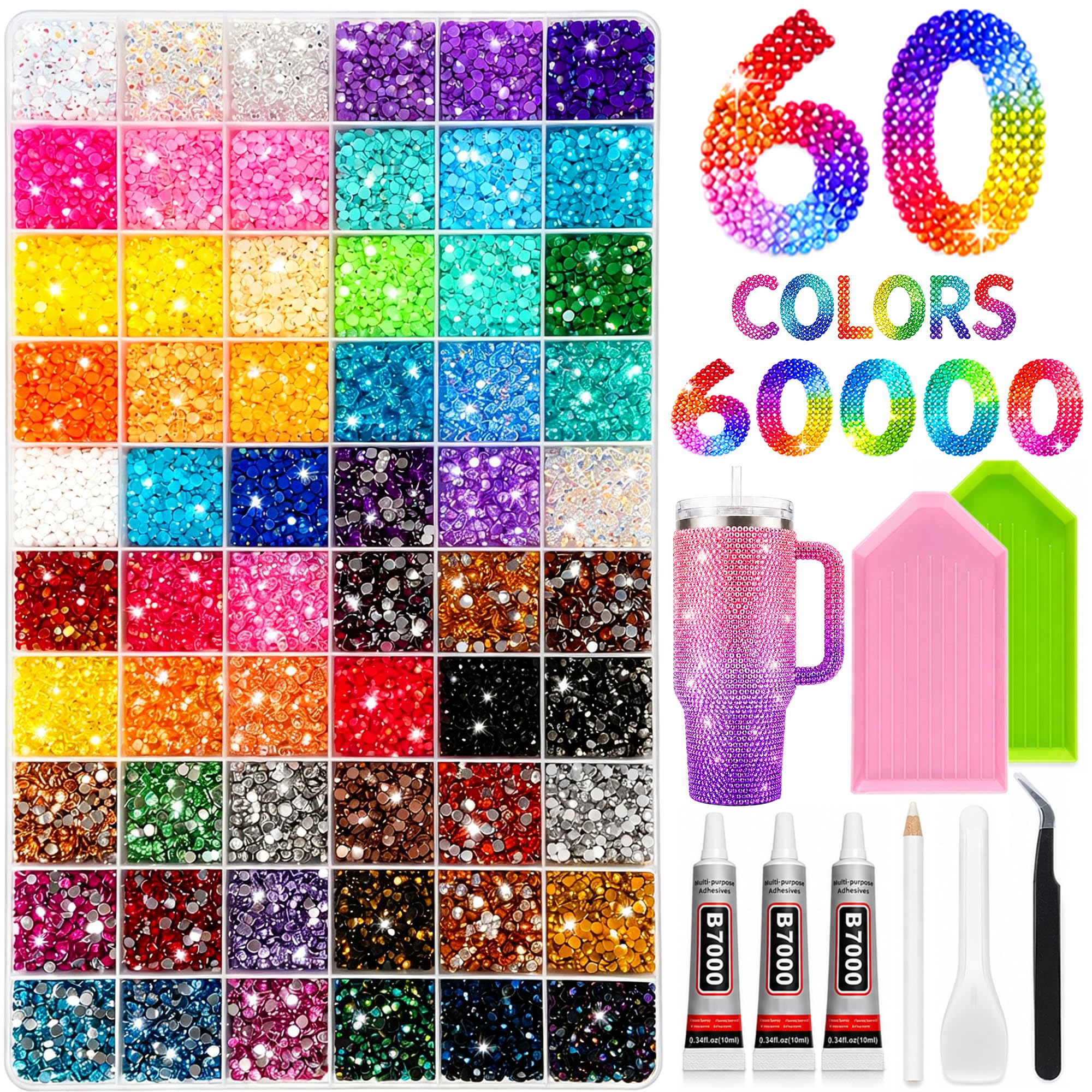 60000Pcs 60 Colors Bedazzling Kit with Rhinestones 3mm Bedazzling Gems